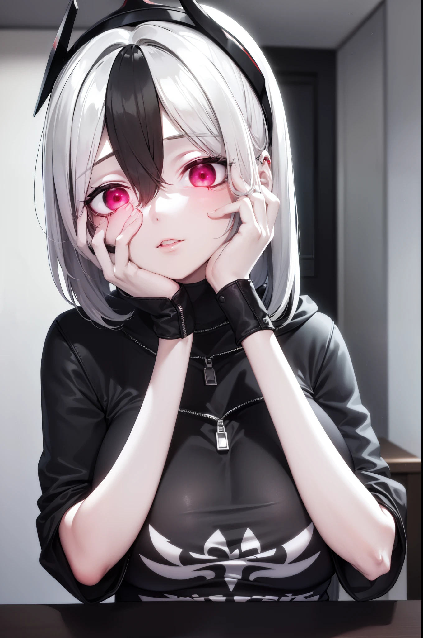 ((best quality)), ((highly detailed)), masterpiece, absurdres, (white hair with black bang),(detailed eyes, deep red eyes), (1girl), yandere trance, yandere, hands on own face, hands on own cheeks, shaded face, ((glowing eyes)), (upper body), hexmaniacms, ((@.@)), bags under eyes, ahoge, headband, black hair, pale skin, , , black clothes, (at a cafe, coffee, noon),
BREAK black hoodie, choker, hood, hoodie, pleated skirt, skirt, red skirt,
BREAK (masterpiece:1.2), best quality, high resolution, unity 8k wallpaper, (illustration:0.8), (beautiful detailed eyes:1.6), extremely detailed face, perfect lighting, extremely detailed CG, (perfect hands, perfect anatomy),