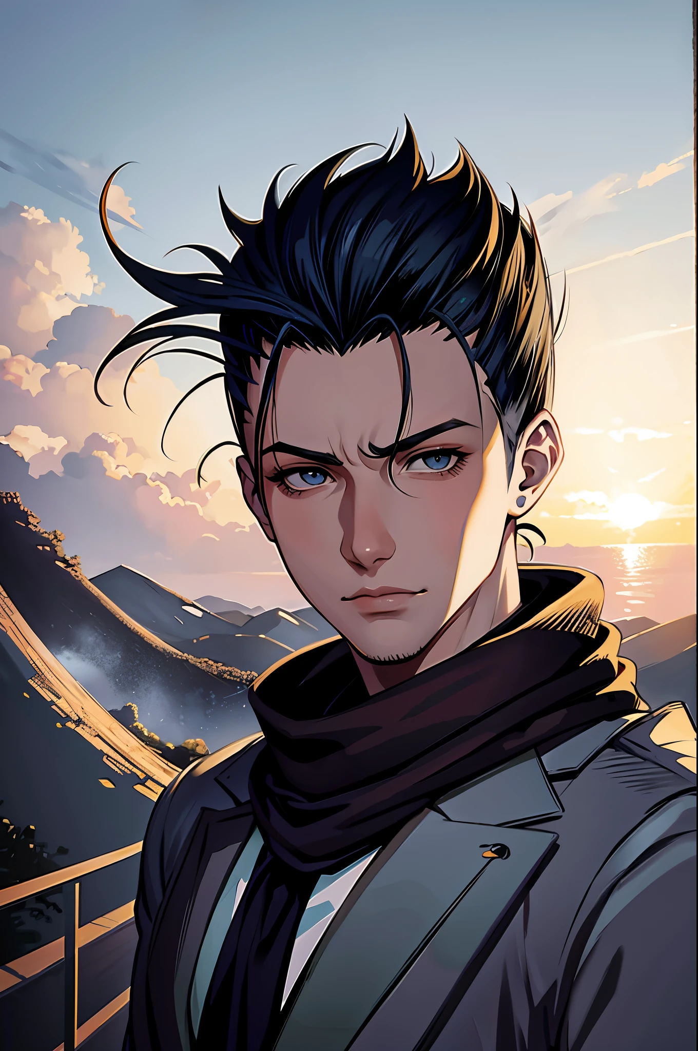 Anime - style image of a man with a mohawk and a large scarf, Arte no estilo de Guweiz, estilo realismo anime, arte de anime realista, homem bonito anime, Retrato anime de um homem bonito, estilo de arte realista, Digital anime illustration, estilo anime masculino, realismo artstyle, retrato estilo anime, retrato impressionante do rosto do anime, realistic anime art style
