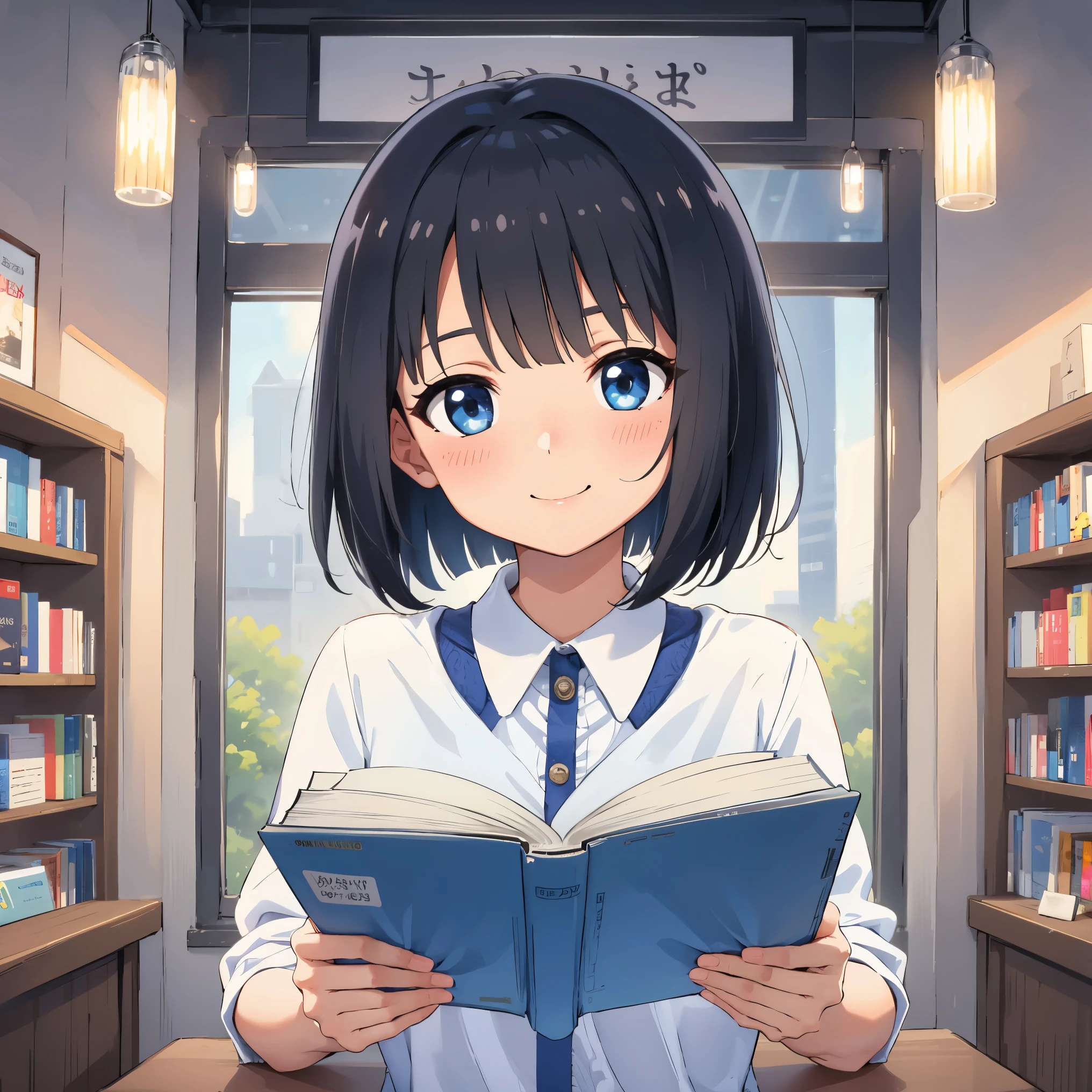 High Quality, 8k, looking at viewer, smiling, cute face, black hair, Bob cut, simple, at the book store