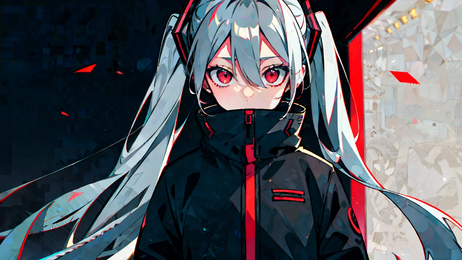 , gray hair, red eyes, dead eyes, , pants, sad, pushed down, dark circles under the eyes, upper body only, rolled up, masterpiece, at night, dim room, very detailed, super sharp, 8k Hatsune Miku