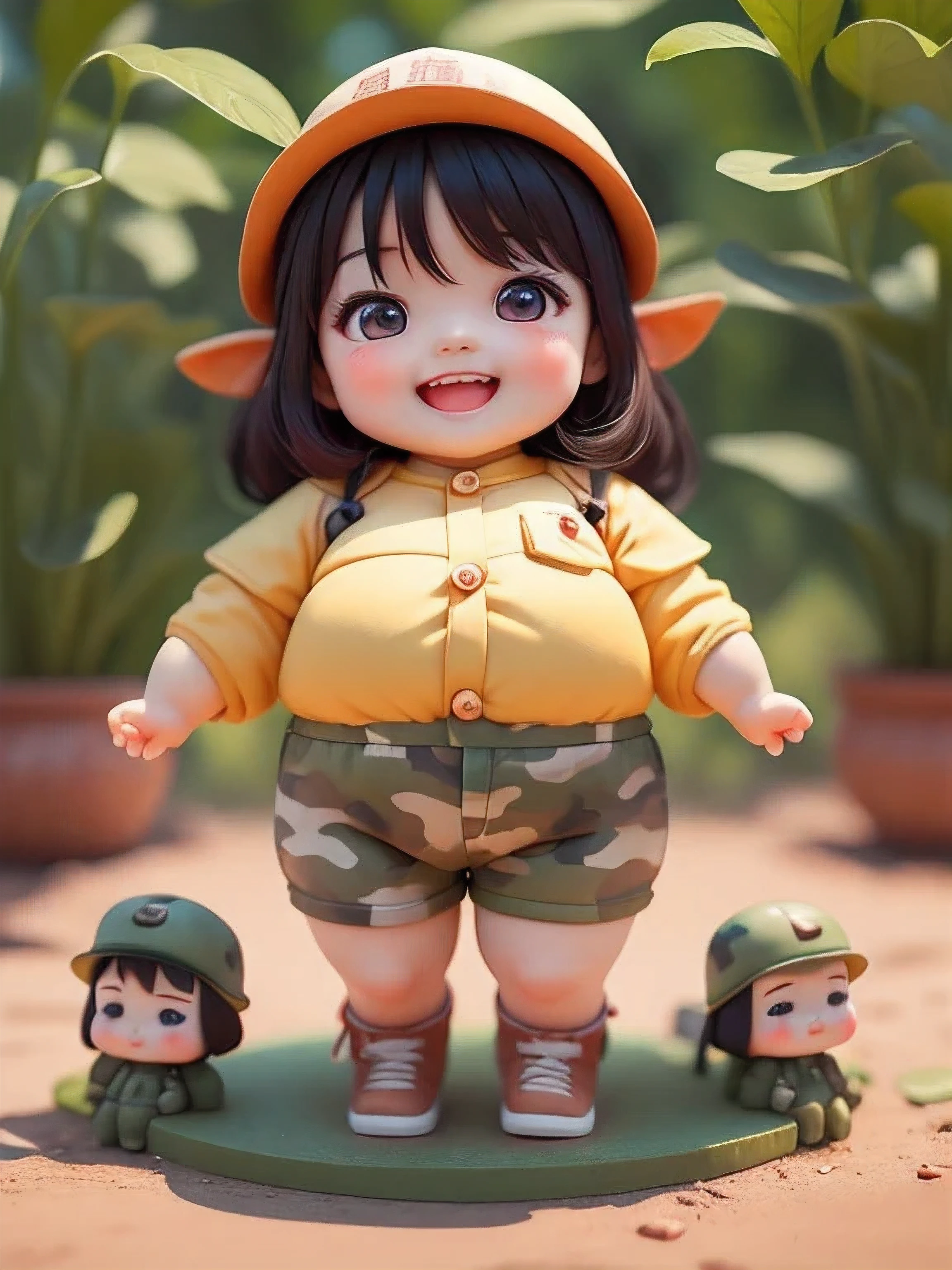 (masterpiece),(best quality),(super detailed), (whole body:1.2),
1 chubby chinese girl,Super cute, Smile, open mouth,Wear camouflage clothing,
(Beautiful and delicate face), (beautiful and delicate eyes),