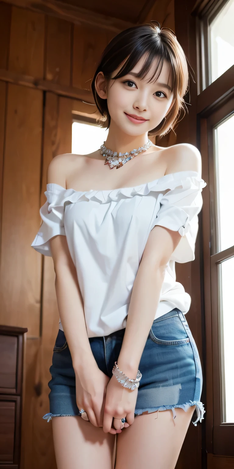 (8k,RAW photo、RAW photo、highest quality、master masterpiece:1.2)、1girl、1middle aged male、Super detailed、super resolution、(Photoreal:1.3)、((Shoot from below)),((cowboy shot:1.4))、Clearly depicts the shadows of light、High resolution RAW color photos、professional photos、(((inside the jewelry:1.4)))、I draw it faithfully to the anatomy...、very detailed and beautiful、super high quality、((extremely short hairstyles:1.4))、((宝石店内の様子のショーケースの前に立っているgirl:1.4))、((White collar short sleeve off shoulder shirt:1.4))、((white short sleeve off shoulder cotton shirt:1.4))、((Denim skirt that highlights your thighs:1.4))、Upper body、((ポシェットを肩に掛けているgirl:1.4))、((smile:1.4))、