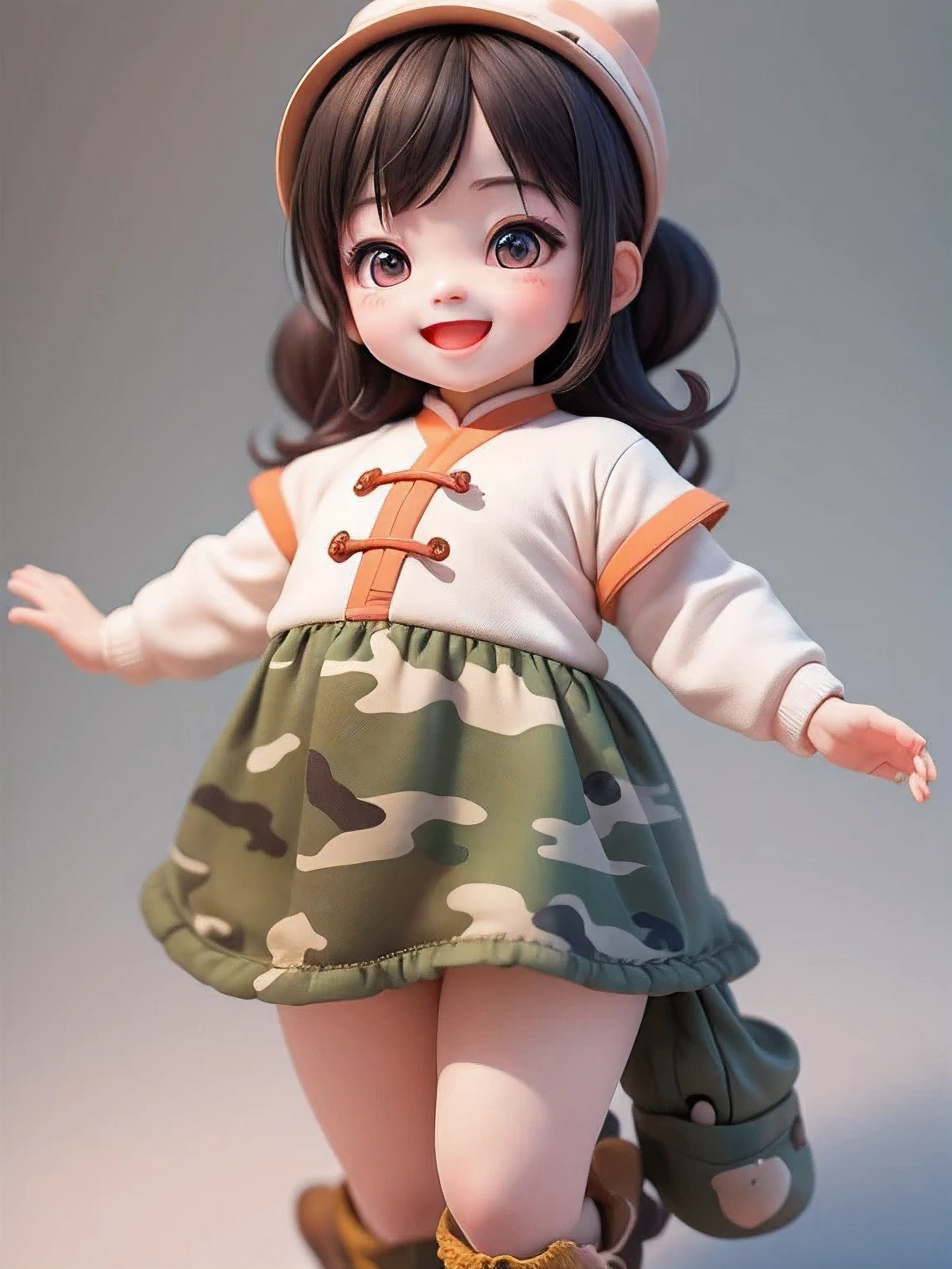 (masterpiece),(best quality),(super detailed), (whole body:1.2),
1 chubby chinese girl,Super cute, Smile, open mouth,Wear camouflage clothing,
(Beautiful and delicate face), (beautiful and delicate eyes),