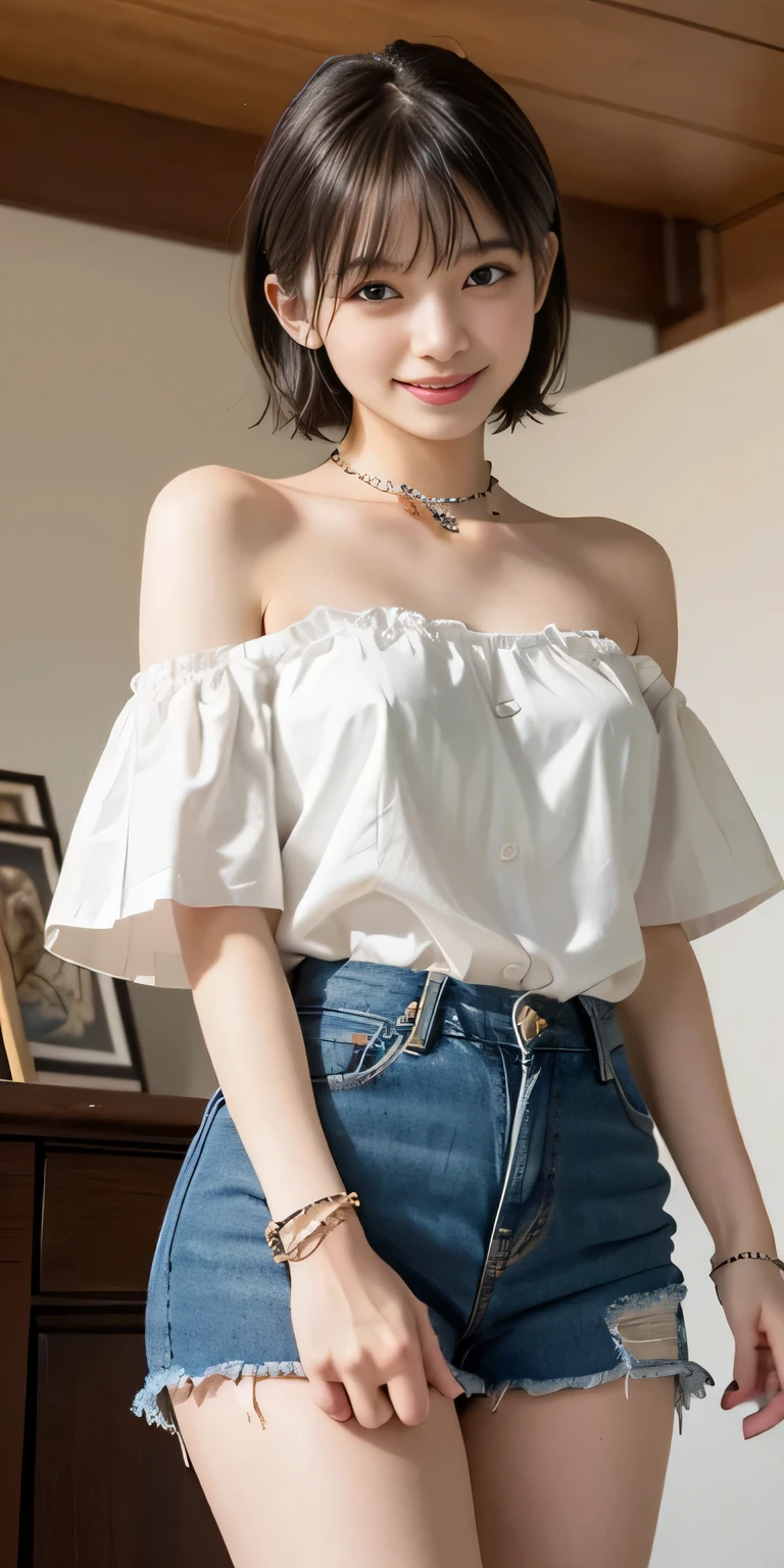 (8k,RAW photo、RAW photo、highest quality、master masterpiece:1.2)、1girl、1middle aged male、Super detailed、super resolution、(Photoreal:1.3)、((Shoot from below)),((cowboy shot:1.4))、Clearly depicts the shadows of light、High resolution RAW color photos、professional photos、(((inside the jewelry:1.4)))、I draw it faithfully to the anatomy...、very detailed and beautiful、super high quality、((extremely short hairstyles:1.4))、((宝石店内の様子のショーケースの前に立っているgirl:1.4))、((White collar short sleeve off shoulder shirt:1.4))、((white short sleeve off shoulder cotton shirt:1.4))、((Denim skirt that highlights your thighs:1.4))、Upper body、((ポシェットを肩に掛けているgirl:1.4))、((smile:1.4))、