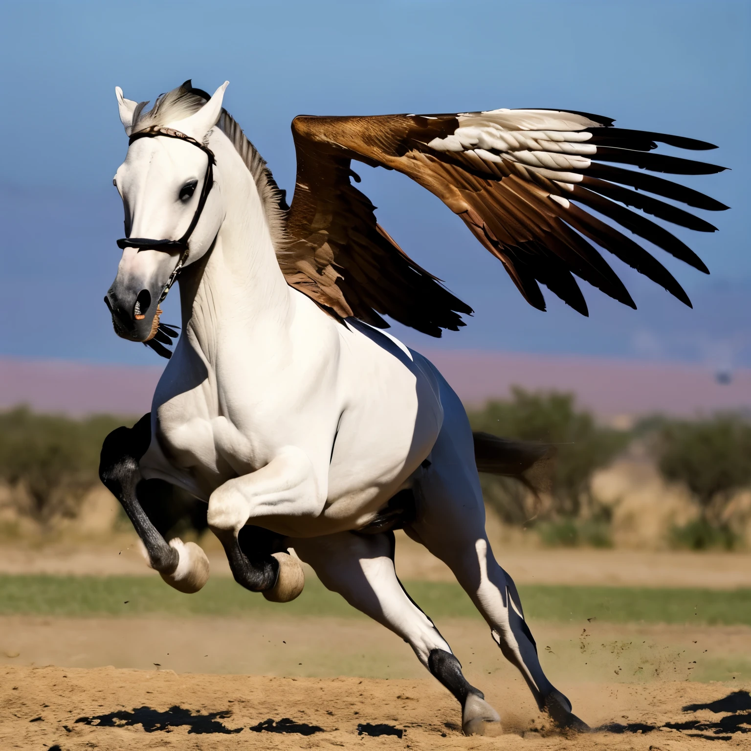 Quadrupedal, hawk head, horse-like body, two wings on the body, claws in claws, whole body covered with feathers, horse-like tail