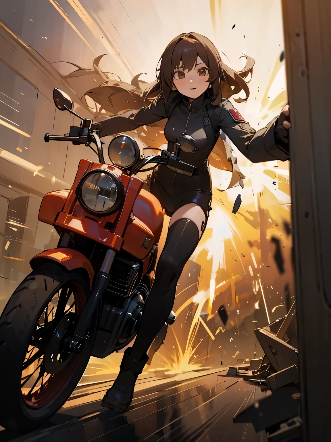 Top quality, 8K, masterpiece, ultra-detailed, explosion, sparking, air blast of explosion from back, flushed, running in full speed, (beautiful faint-smile), (flushed), 