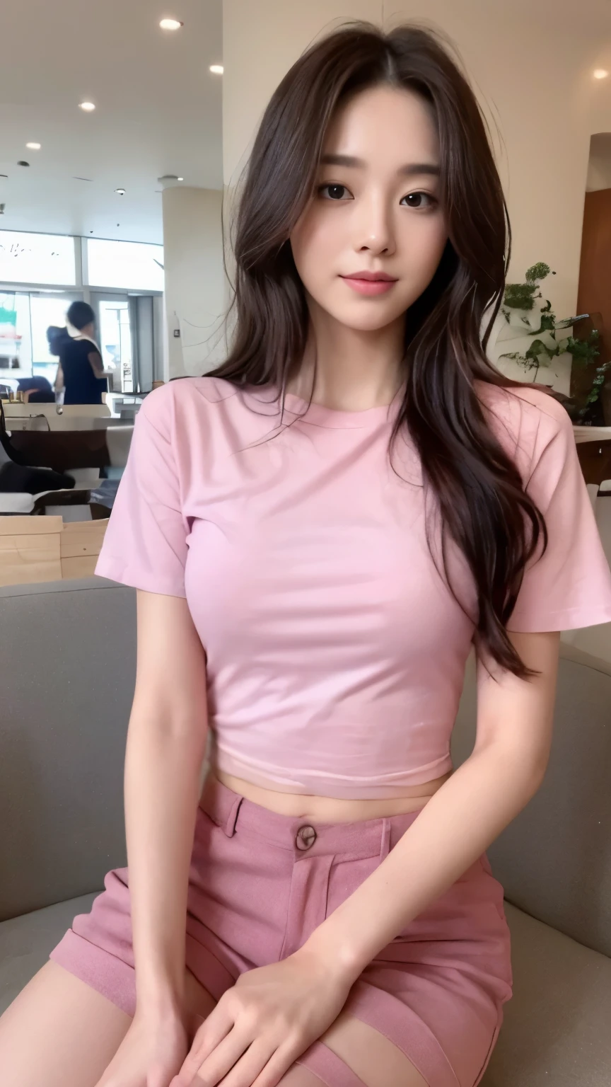 ((top-quality、8k、​masterpiece:1.3))、Beautiful woman with perfect body:1.4、slim abdomen:1.2、Longhair, normal breast, Highly detailed facial and skin texture, A detailed eye, delicate eyes, double eyelid, (smile), (full body shot), ((shopping mall)), (sitting in the bench), (((wearing pink t-shirt with short pants)), looking in front