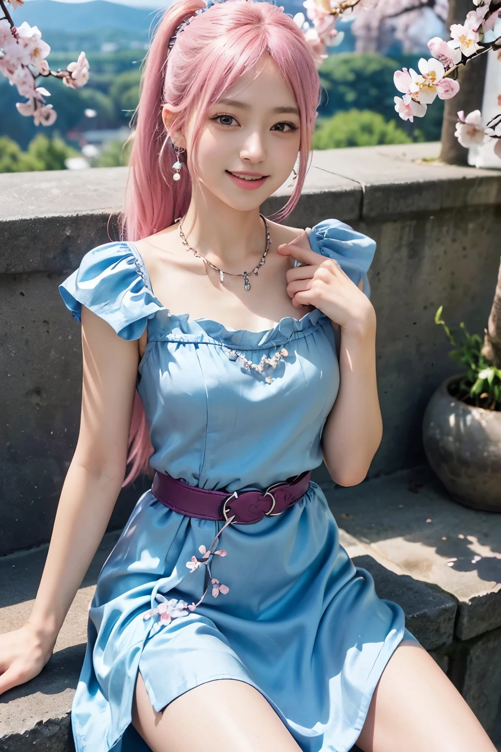 (8K, top-quality, masterpiece:1.2), (reallistic, Photorealsitic:1.37), Super Detail, One girl, (Highly detailed), (beautifully detailed eyes), (of the highest quality), (super detailed), (masterpiece), (Detailed face), 20yr old, 1 girl, ((pink hair,long hair)), medium breasts, clothed, Perfect Lighting, BREAK, (light blue japanese stlye dress:1.4), (silk fabric:1.3), no sleeves, high neck, fitted bodice, long flared skirt, belt at waist, A-line silhouette, elegant impression, frills and lace at hem, embroidery and beads at chest, no socks, (high-heeled pumps:1.2), (diamond necklace and earrings:1.2), (plum blossom hair accessory:1.2), BRAKE, (vertical shot from upper body to knees), (side ponytail with hair accessory), (smiling and looking at camera), (right hand lifting skirt hem, left hand pointing at chest embroidery), (Japanese-style scenery with cherry blossoms), (natural light brightening the subject)
