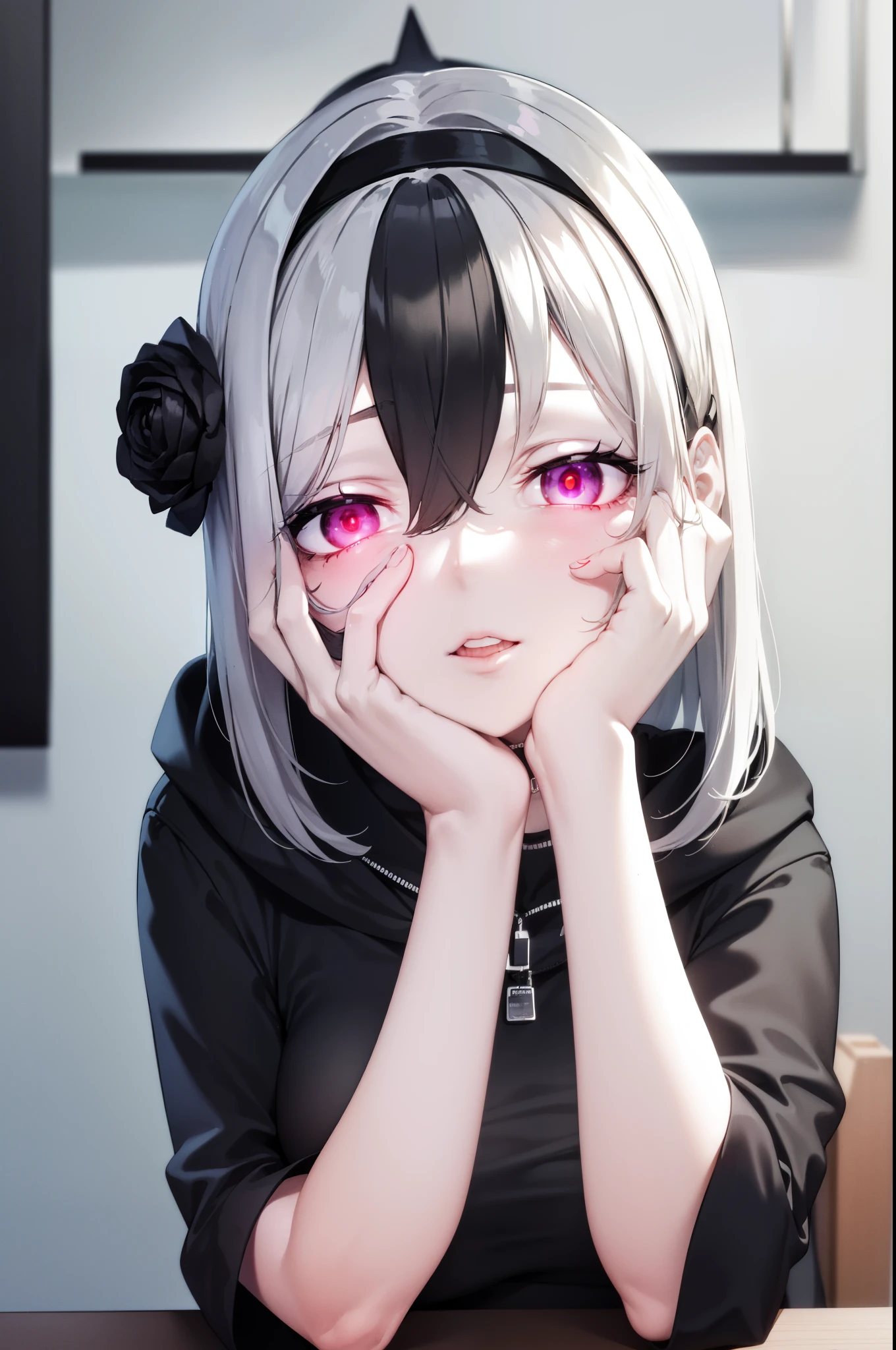 ((best quality)), ((highly detailed)), masterpiece, absurdres, (white hair with black bang),(detailed eyes, deep red eyes), (1girl), yandere trance, yandere, hands on own face, hands on own cheeks, shaded face, ((glowing eyes)), (upper body), hexmaniacms, ((@.@)), bags under eyes, ahoge, headband, black hair, pale skin, big breasts, , black clothes, (at a cafe, coffee, noon),
BREAK black hoodie, choker, hood, hoodie, pleated skirt, skirt, red skirt,
BREAK (masterpiece:1.2), best quality, high resolution, unity 8k wallpaper, (illustration:0.8), (beautiful detailed eyes:1.6), extremely detailed face, perfect lighting, extremely detailed CG, (perfect hands, perfect anatomy),