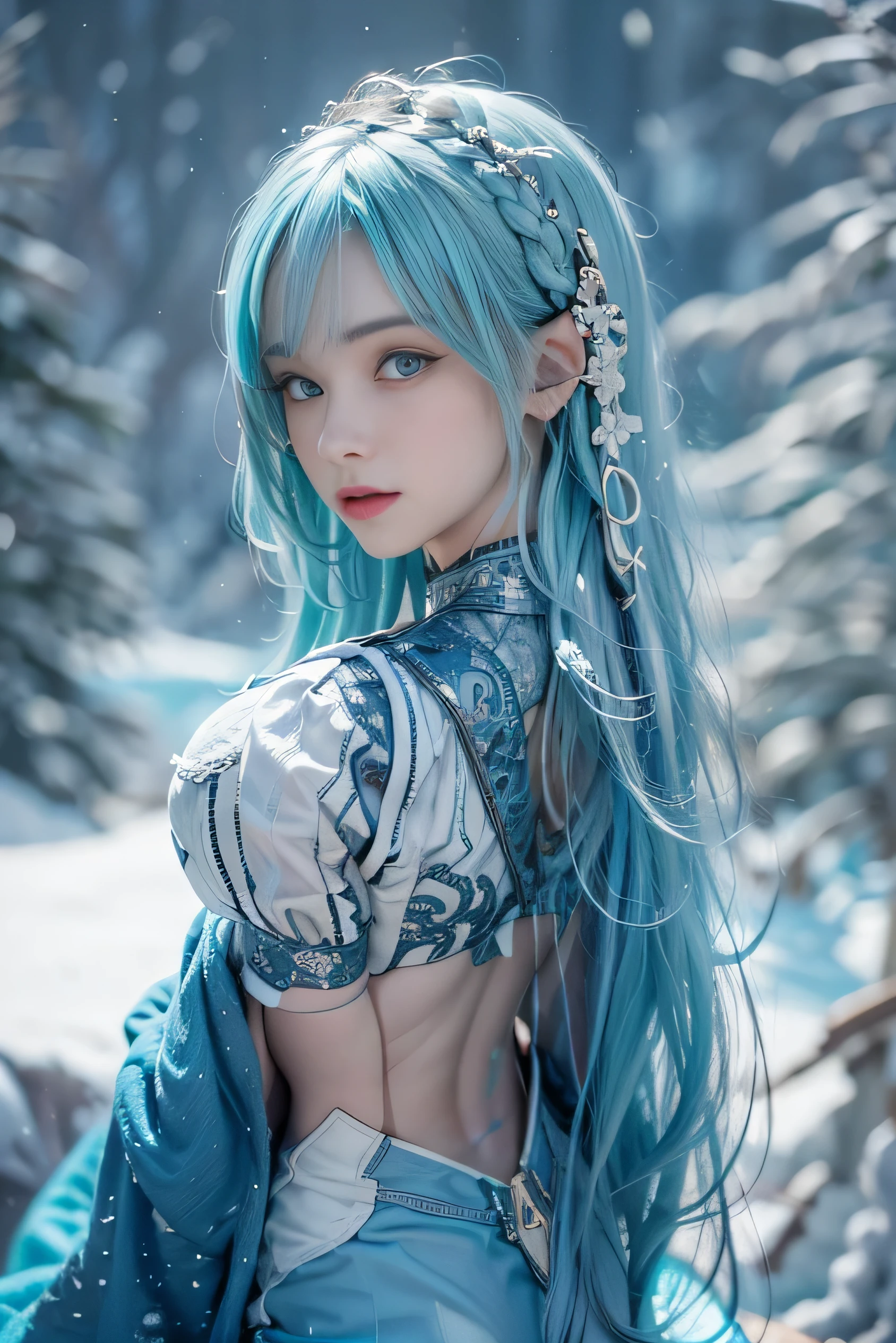 (photorealistic:1.8, highest quality:1.8,8K masterpiece:1.8,High resolution,muste piece:1.8),One 23 year old woman,(Blue Plug Suit,choker,stockings,T-back,Cleavage cut),beautiful detailed blue eyes:1.7,double eyelid:1.6,beautiful skin:1.8, (looking at the camera:1.5),(photo seen from behind:1.3),( midium hair:1.2,Beautiful shining blue lime hair:1.5), expression(Stoic:1.3,face turns red:1.3),Pause(Kneeling,Seductive pose:1.5),(Moderate chest:1.3),background(snowy mountain area:1.5),(detailed perfect face),normal hands:1.5,normal feet:1.5,(cameltoe)