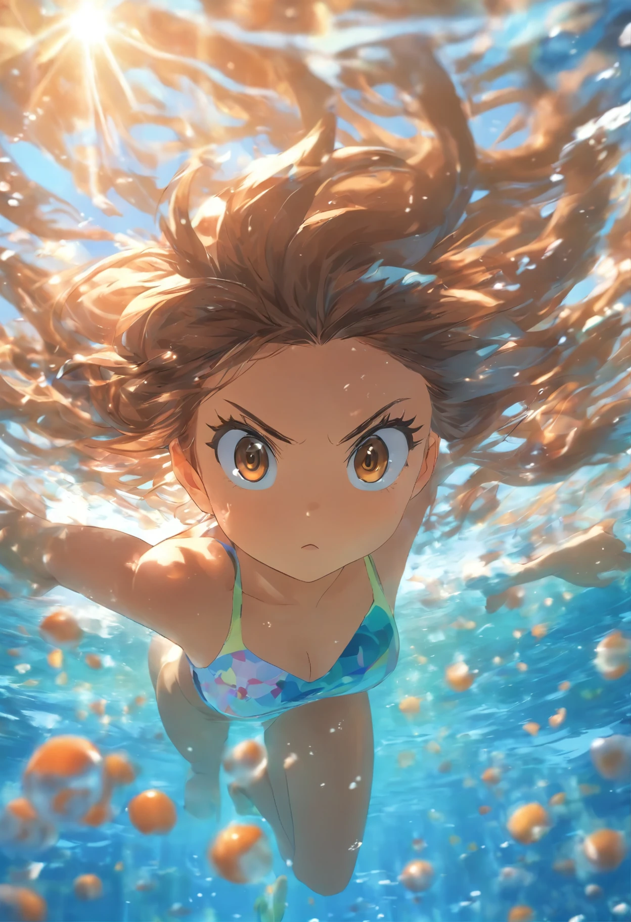 Foreshortening,  Depth of field shallow meaning, masterpiece, best quality, 1 girl, brown hair, brown eyes,  Exposing long hair, underwater, bubble, Solo, view viewer, school swimsuit, Swimming,  Dappled sunlight,