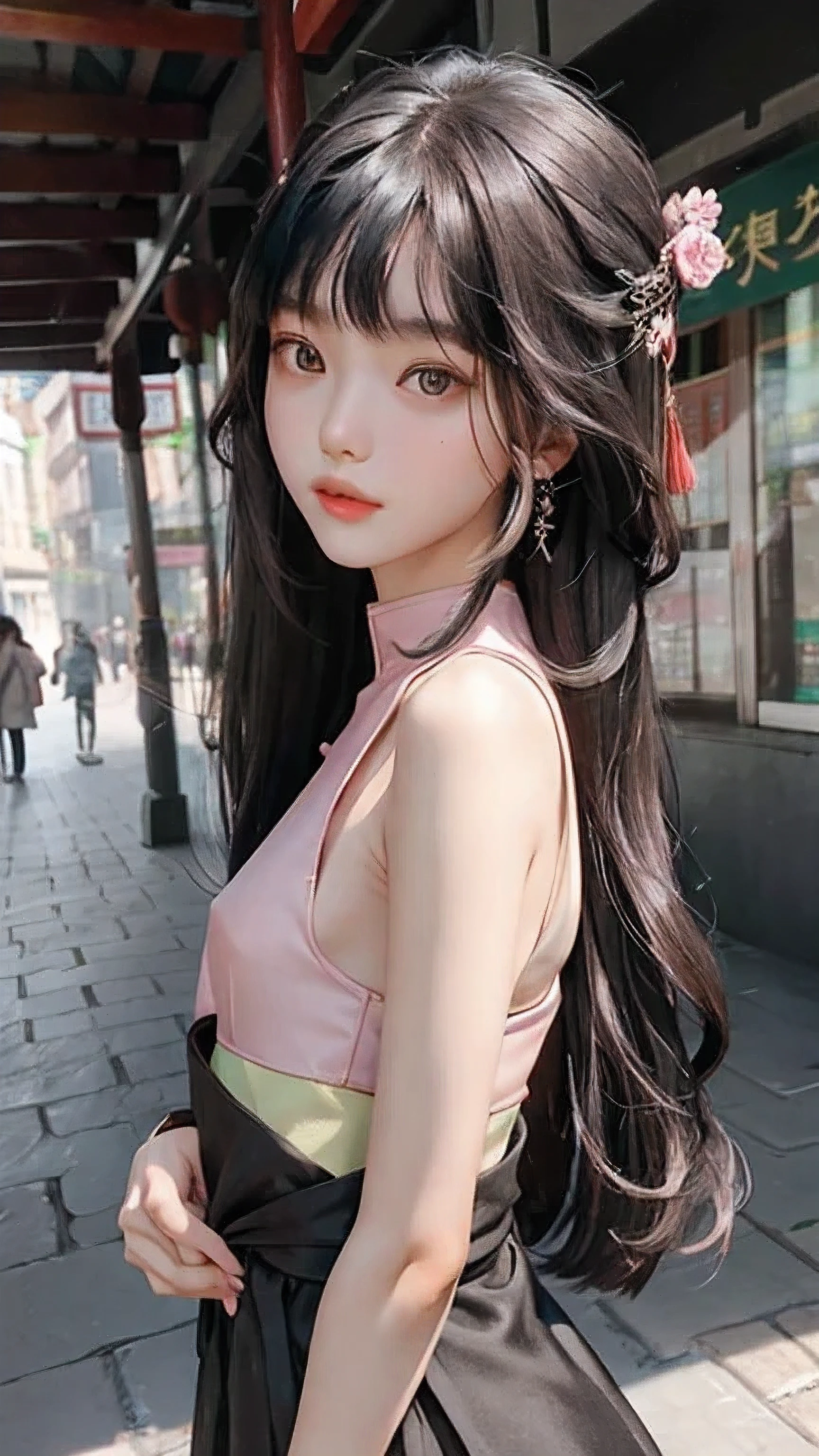 Casual clothes,Chinese、beautiful girl、18 years old,young、Long hair to waist、Oval face、flat chest、long black hair、fair face、light eyebrows、The eyes are a little determined,Thin pink lips,Thin and thin,flat chest,Beautiful bangs、chess、Mouth closed,Chinese面孔,black eyes,Posing for photos,Hair style is natural long hair