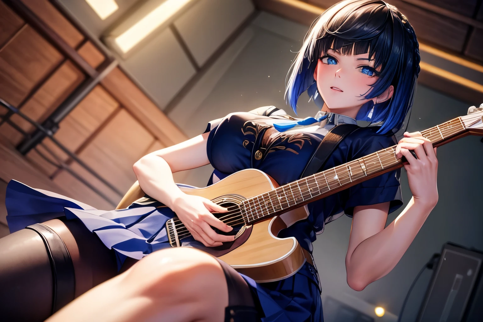 ((masterpiece:1.4, best quality)), ultra detailed, super detailed,Yelan Genshin Impact,1girl, short hair, black hair, blue eyes, hd quality, wallpaper , singing, school uniform, blue skirt , holding mic, beautiful girl, looking at viewer, concert, enthusiastic, idol, long shot view, playing a guitar, ((perfect hands, five fingers)), singing when playing with guitar 