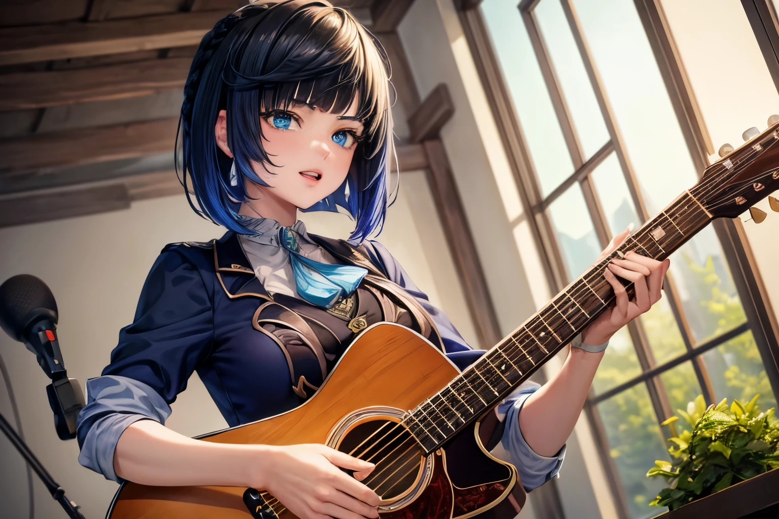 ((masterpiece:1.4, best quality)), ultra detailed, super detailed,Yelan Genshin Impact,1girl, short hair, black hair, blue eyes, hd quality, wallpaper , singing, school uniform, blue skirt , holding mic, beautiful girl, looking at viewer, concert, enthusiastic, idol, long shot view, playing a guitar, ((perfect hands, five fingers)), singing when playing with guitar