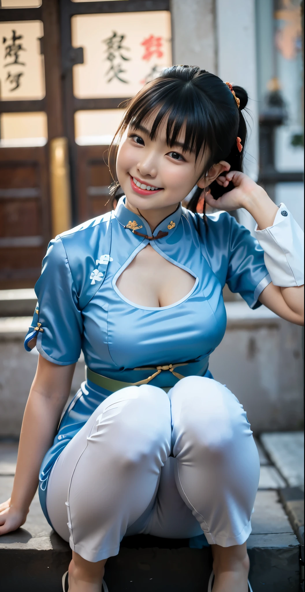 （8k、Raw photography、highest quality、masterpiece：1.2),(black hair:1.7),(beautiful girl:1.4),show viewer,Looking at the front,erotic,白いskin,(Street Fighter Chun-Li 、wearing a blue cheongsam:1.6)、(Clothing that emphasizes the shape of your chest、publish one&#39;skin:1.5)、(big breasts :1.4)、slim body shape、ultra high resolution,beautiful,beautiful fece,(alone, no background:1.9),whole bodyボディー,(cute japanese woman:1.6),（Photoreal：1.37）、photon mapping,reality、(-face cute: 1.8)、(cute smile: 1.7)、(With a round face: 1.9)、radio city、Physically based rendering、depth of field rally background、photograph, (I can see your knees,close up of thighs、Very short cheongsam、I can see white pants:1.6),whole body、super fine