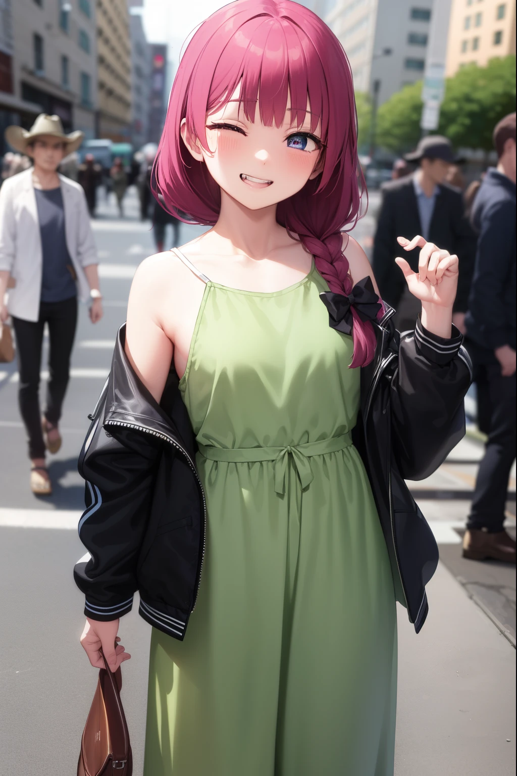 hiroikikuri, kikuri hiroi, black bow, blunt bangs, braid, closed eyes, fang, hair bow, hair over shoulder, long hair, purple hair, sidelocks, single braid, smile, grin, fangs,  teeth,
BREAK black jacket, brown footwear, collarbone, dress, green dress, jacket, long sleeves, open clothes, open jacket, raglan sleeves, sandals, white sleeves,
BREAK outdoors, city, crowd, people,
BREAK looking at viewer, (cowboy shot:1.5), 
BREAK (masterpiece:1.2), best quality, high resolution, unity 8k wallpaper, (illustration:0.8), (beautiful detailed eyes:1.6), extremely detailed face, perfect lighting, extremely detailed CG, (perfect hands, perfect anatomy),