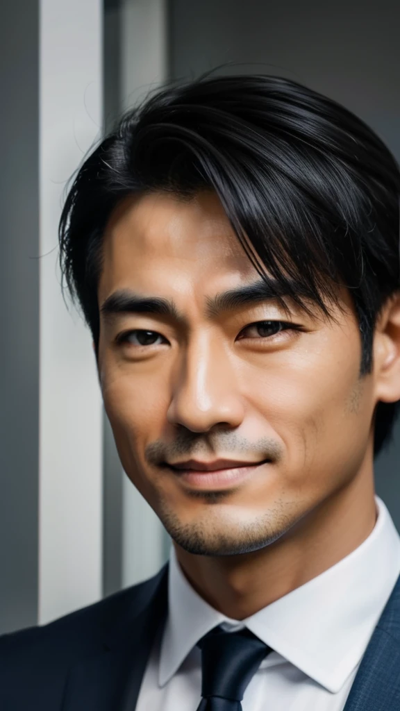 Generate a high-resolution, realistic image of a 42-year-old male, Japanese, with a music producer's persona. The composition should focus on the upper body, well-lit face, and exhibit the following facial features: wavy black hair, defined jawline, thick eyebrows, expressive eyes, aquiline nose, and a relaxed yet confident smile. The lighting should accentuate his facial features. For clothing, he wears a stylish, sophisticated outfit - a tailored dark gray suit with a crisp white shirt and no tie. The overall appearance should convey a mix of creativity, professionalism, and confidence.
