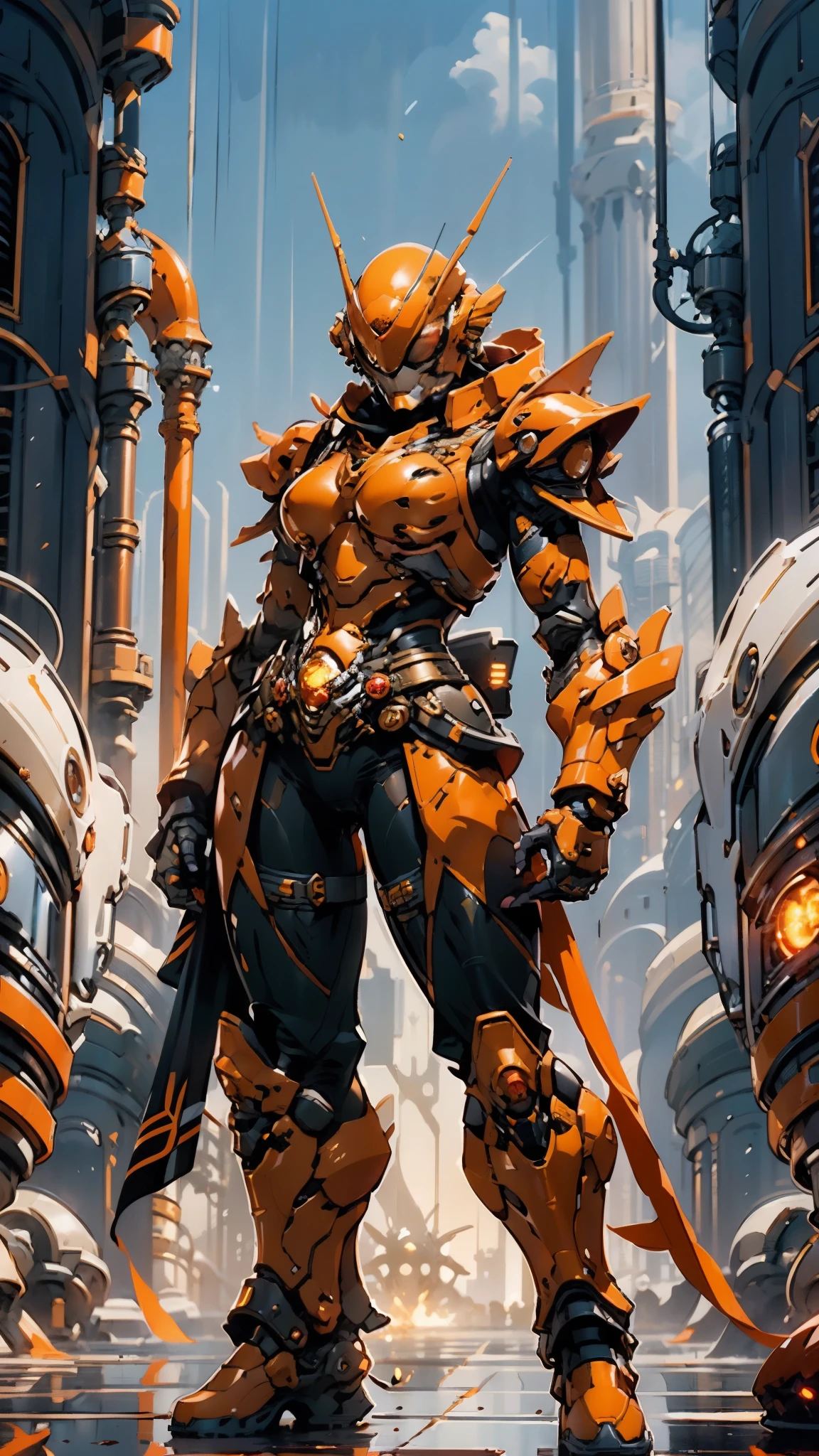 A woman adorned in fantasy-style full-body armor, a crown-concept fully enclosed helmet that unveils only her eyes, a composite layered chest plate, fully encompassing shoulder and hand guards, a lightweight waist armor, form-fitting shin guards, the overall design is heavy-duty yet flexible, ((the armor gleams with a golden glow, complemented by red and blue accents)), exhibiting a noble aura, she floats above a fantasy-surreal high-tech city, this character embodies a finely crafted fantasy-surreal style armored hero in anime style, exquisite and mature manga art style, (Queen bee mixed with Spider concept Armor, plasma, blood), ((Element, energy, elegant, goddess, femminine:1.5)), metallic, high definition, best quality, highres, ultra-detailed, ultra-fine painting, extremely delicate, professional, anatomically correct, symmetrical face, extremely detailed eyes and face, high quality eyes, creativity, RAW photo, UHD, 32k, Natural light, cinematic lighting, masterpiece-anatomy-perfect, masterpiece:1.5