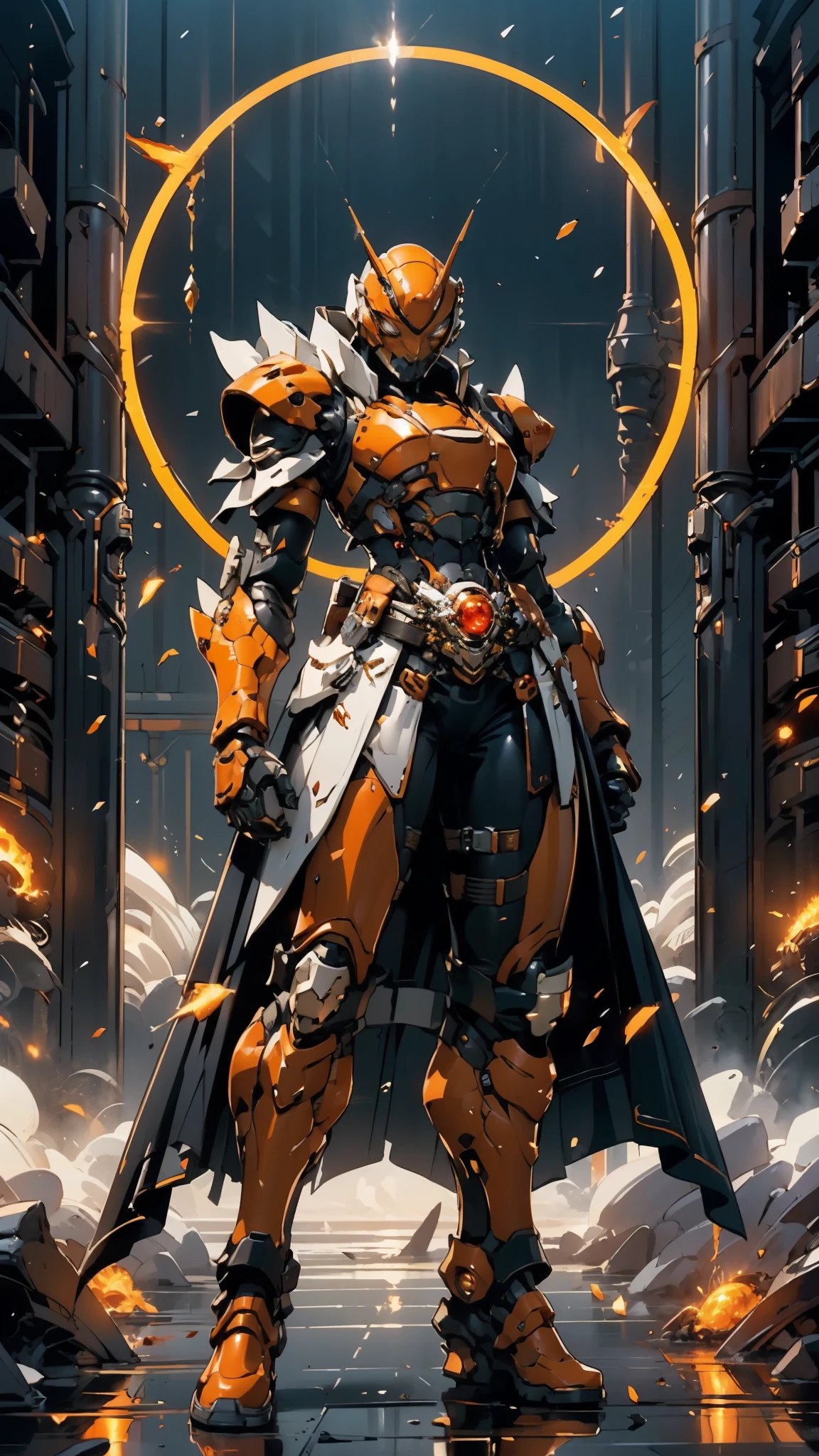 A woman adorned in fantasy-style full-body armor, a crown-concept fully enclosed helmet that unveils only her eyes, a composite layered chest plate, fully encompassing shoulder and hand guards, a lightweight waist armor, form-fitting shin guards, the overall design is heavy-duty yet flexible, ((the armor gleams with a golden glow, complemented by red and blue accents)), exhibiting a noble aura, she floats above a fantasy-surreal high-tech city, this character embodies a finely crafted fantasy-surreal style armored hero in anime style, exquisite and mature manga art style, (Queen bee mixed with Spider concept Armor, plasma, blood), ((Element, energy, elegant, goddess, femminine:1.5)), metallic, high definition, best quality, highres, ultra-detailed, ultra-fine painting, extremely delicate, professional, anatomically correct, symmetrical face, extremely detailed eyes and face, high quality eyes, creativity, RAW photo, UHD, 32k, Natural light, cinematic lighting, masterpiece-anatomy-perfect, masterpiece:1.5