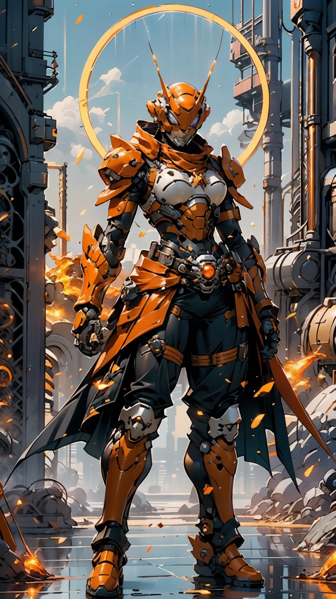 A woman adorned in fantasy-style full-body armor, a crown-concept fully enclosed helmet that unveils only her eyes, a composite layered chest plate, fully encompassing shoulder and hand guards, a lightweight waist armor, form-fitting shin guards, the overall design is heavy-duty yet flexible, ((the armor gleams with a golden glow, complemented by red and blue accents)), exhibiting a noble aura, she floats above a fantasy-surreal high-tech city, this character embodies a finely crafted fantasy-surreal style armored hero in anime style, exquisite and mature manga art style, (Queen bee mixed with Spider concept Armor, plasma, blood), ((Element, energy, elegant, goddess, femminine:1.5)), metallic, high definition, best quality, highres, ultra-detailed, ultra-fine painting, extremely delicate, professional, anatomically correct, symmetrical face, extremely detailed eyes and face, high quality eyes, creativity, RAW photo, UHD, 32k, Natural light, cinematic lighting, masterpiece-anatomy-perfect, masterpiece:1.5