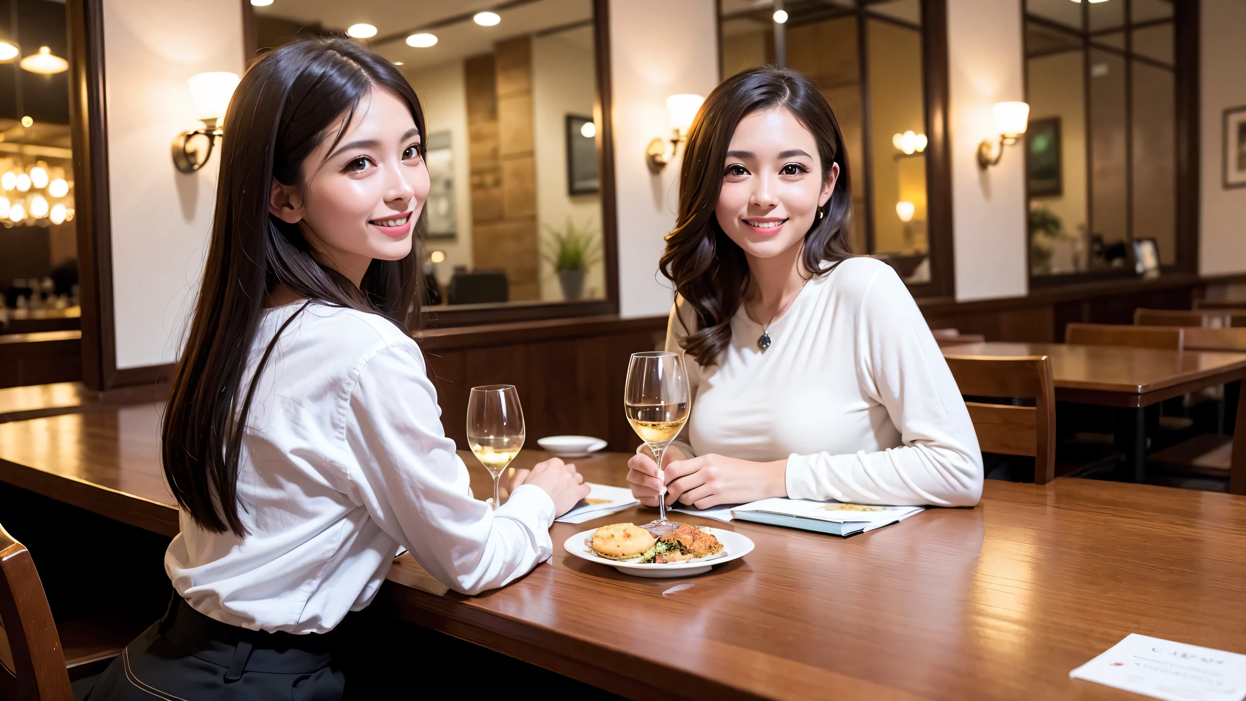 (including 64k, nffsw, highest quality, table top: 1.2), (realistic, photorealistic: 1.37), long sleeve shirt、winter fashion、Columbia、Brazilian、Japanese、Dutch、German、Portuguese、Belgian、Italian、French,Champagne、sparkling wine、 (slimフェイス), (slimボティ), (brown hair), (shortcut), neat beauty、cheeks turn a little red, (35 years old), 38 years old, alone, 窓の外には美しく緻密なnight景が広がります., restaurant, wine glassが座っている, nightに, in a prominent place (from the Upper body) nova frog style, actress, model, Upper body, White wine, slim, wine glass, Super Clean night View, wine glass Put in the Middle, Happy smile, (smile: 1.15), beautiful and detailed eyes, Upper body, bust japan up, night, short, short, actress, model, Upper body, White wine, slim, wine glass, Super Clean night View, wine glass Put in the Middle, Happy smile,