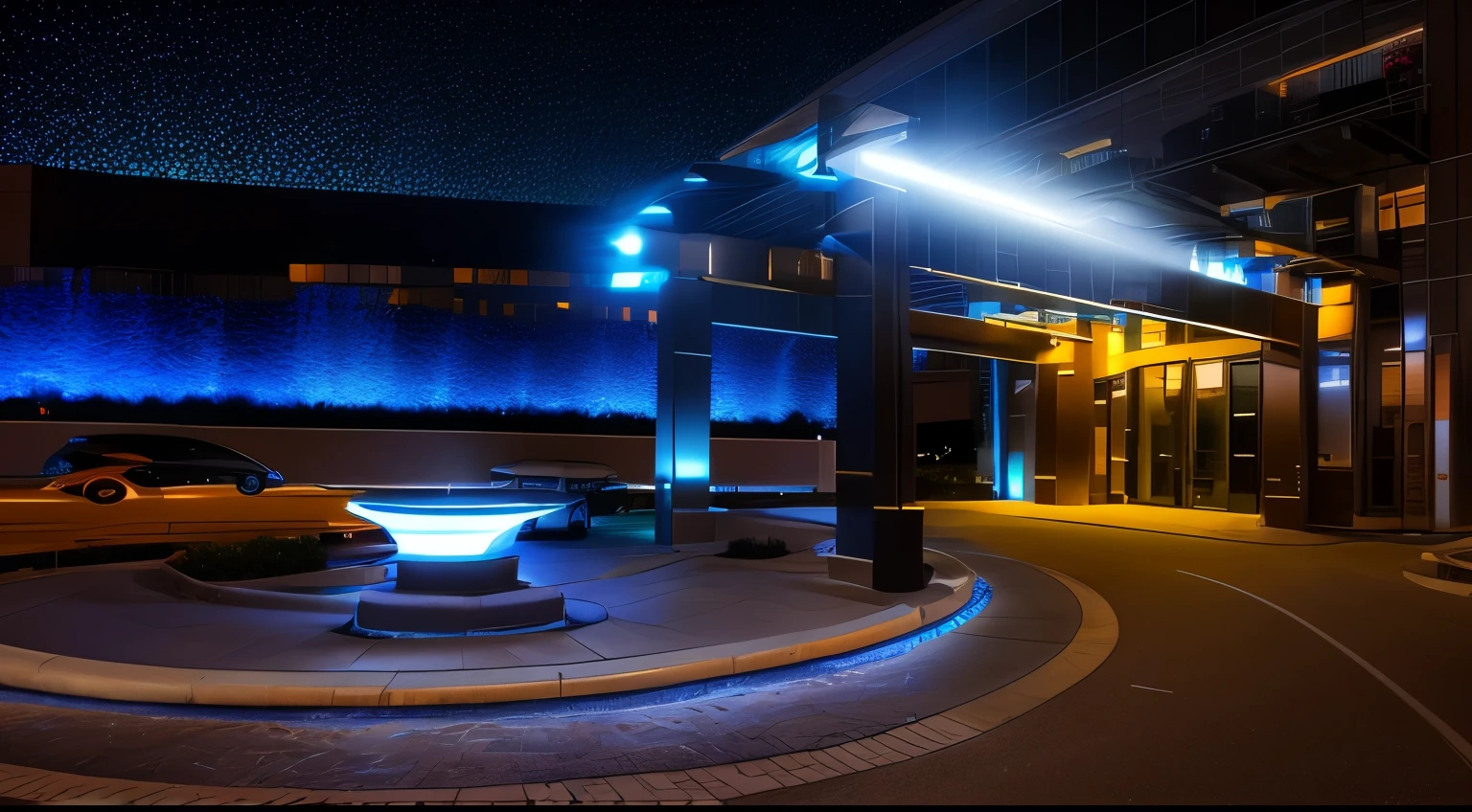 Cars are parked in front of the building at night, LED lights around the location, Photographed with Sony A7R camera, Ambient lighting at night, Photographed with Sony Alpha 9, Photographed with Sigma 2 0mm f1. 4, Features a flowing fountain, scenic view at night, night lighting, With lights at night, Dynamic and atmospheric lighting