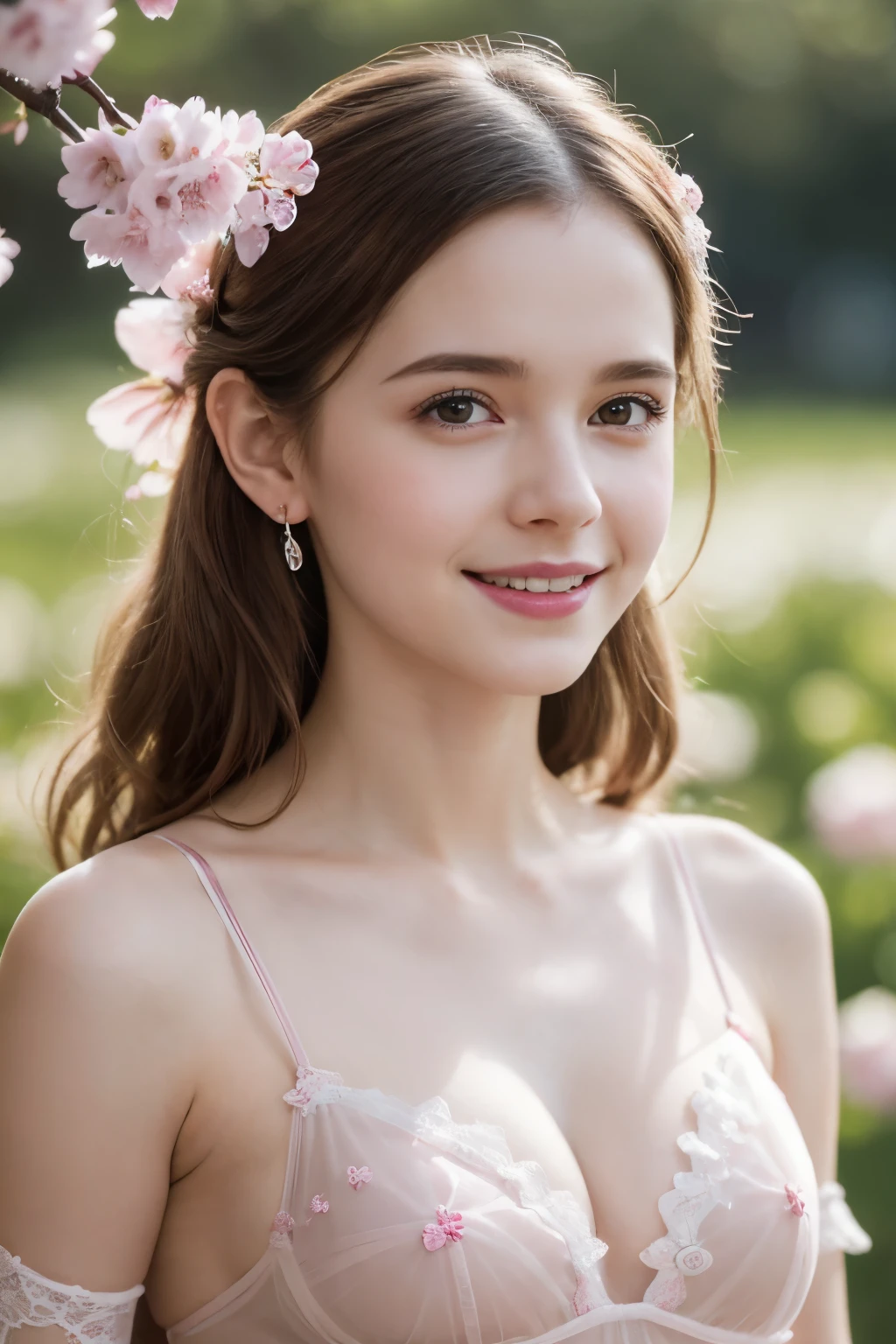 Masterpiece, Best quality, 8k, 18 ans, Photo brute, absurdes, Award-winning portrait, sourire, sourire, pure, french, elegant vibrant pink transparent dress, spring, orchard in bloom, laces, famous singer, cute, sweet, cherry lips, earrings, gossamer lingerie, earrings, seductive look