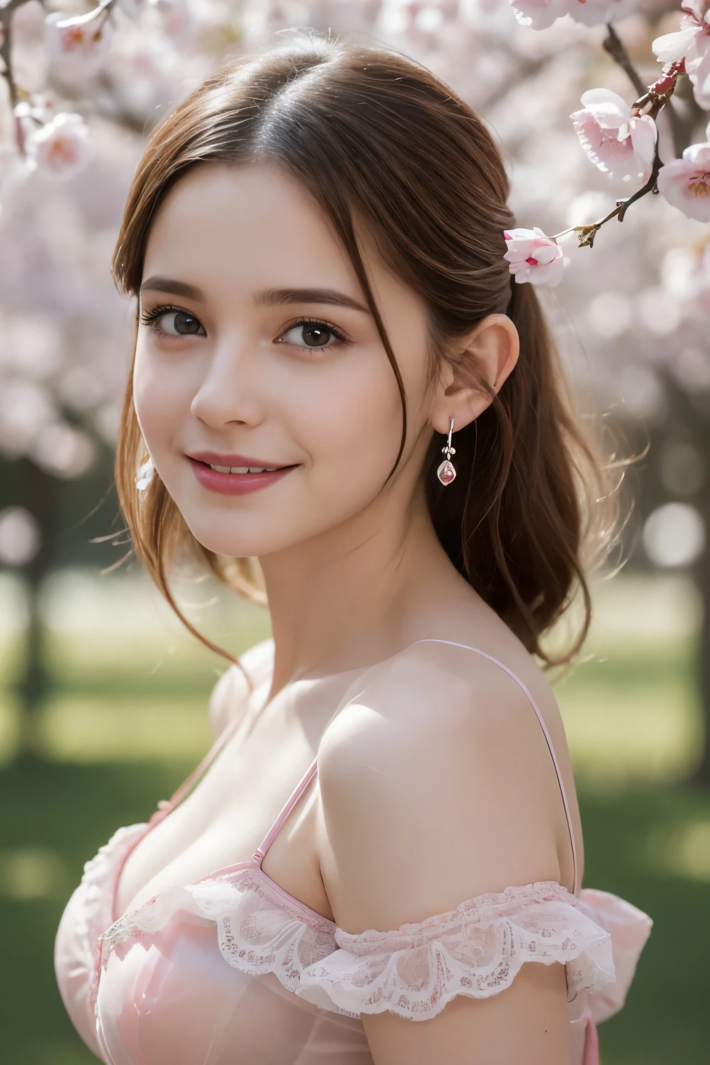 Masterpiece, Best quality, 8k, 18 ans, Photo brute, absurdes, Award-winning portrait, sourire, sourire, pure, french, elegant vibrant pink transparent dress, spring, orchard in bloom, laces, famous singer, cute, sweet, cherry lips, earrings, gossamer lingerie, earrings, seductive look