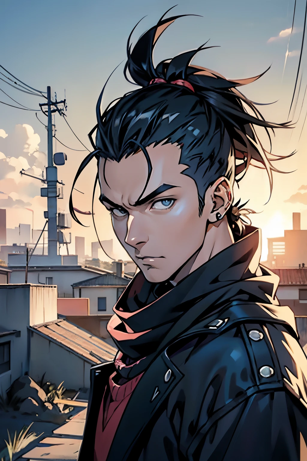 Anime - style image of a man with a mohawk and a large scarf, Arte no estilo de Guweiz, estilo realismo anime, arte de anime realista, homem bonito anime, Retrato anime de um homem bonito, estilo de arte realista, Digital anime illustration, estilo anime masculino, realismo artstyle, retrato estilo anime, retrato impressionante do rosto do anime, realistic anime art style