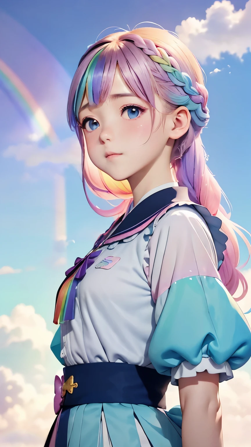 one girl、１２talent、Magical girl、anatomy、french braid、anime style、small breasts、cute face、cute clothes、combat uniform、、(((The background is pastel colored clouds:1.5、rainbow、blurred background)))、highest quality、High resolution、High resolution、cinematic lighting、professional photographer