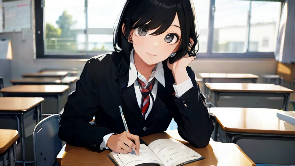 make a school boy, black hair, sitting on a desk in a classrom