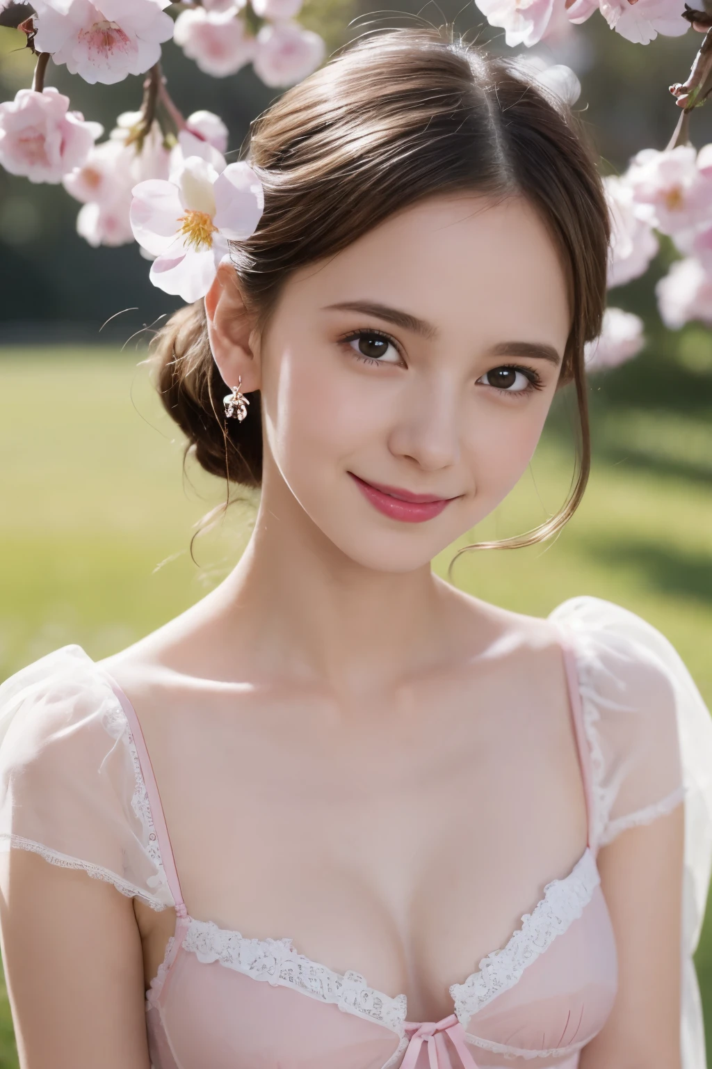 (8k, best quality, masterpiece:1.2), (realistic, photo-realistic:1.37), ultra-detailed,solo,1 girl,cute, smile,(skin dentation), (large breasts:1.3), (professional lighting, bokeh), (blouse:1.3), (portait:0.8), gorgeous, bloom, floating hair,(light particles, lens flare, glowing particles:0.6), (dynamic pose), specular lighting, soft lighting, head tilt, sunlight, looking at viewer, depth of field, (small head:1.4), bare shoulders, wide shoulders, pureerosface_v1,(outdoors:1.4),(pink flower:1.3), 

<lora:audreyHepburn_hepburn10:0.8> , <lora:hanfu_v28:1.5>