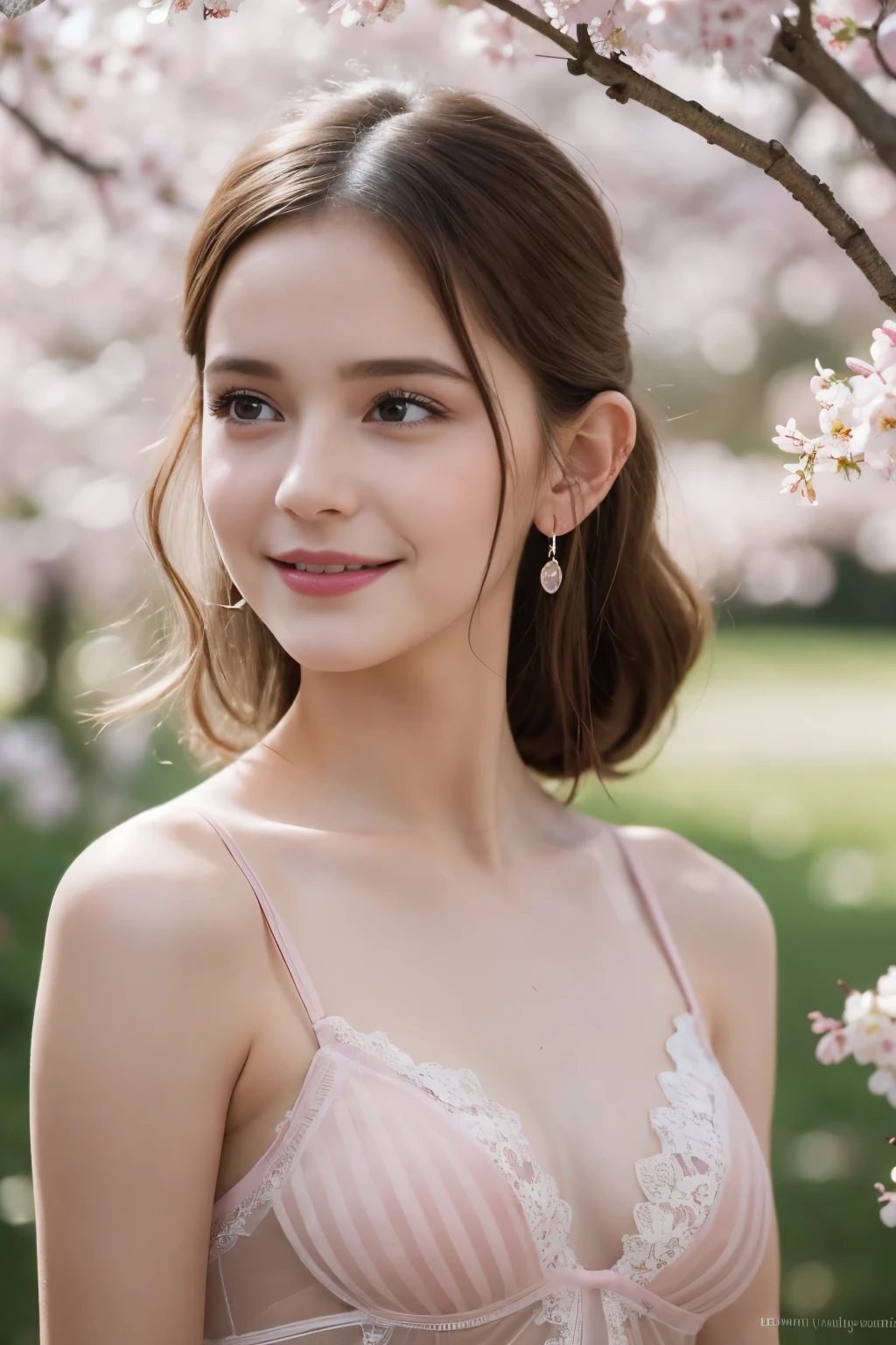 Masterpiece, Best quality, 8k, 18 ans, Photo brute, absurdes, Award-winning portrait, sourire, sourire, pure, french, elegant vibrant pink transparent dress, spring, orchard in bloom, laces, famous singer, cute, sweet, cherry lips, earrings, gossamer lingerie, prices Lea