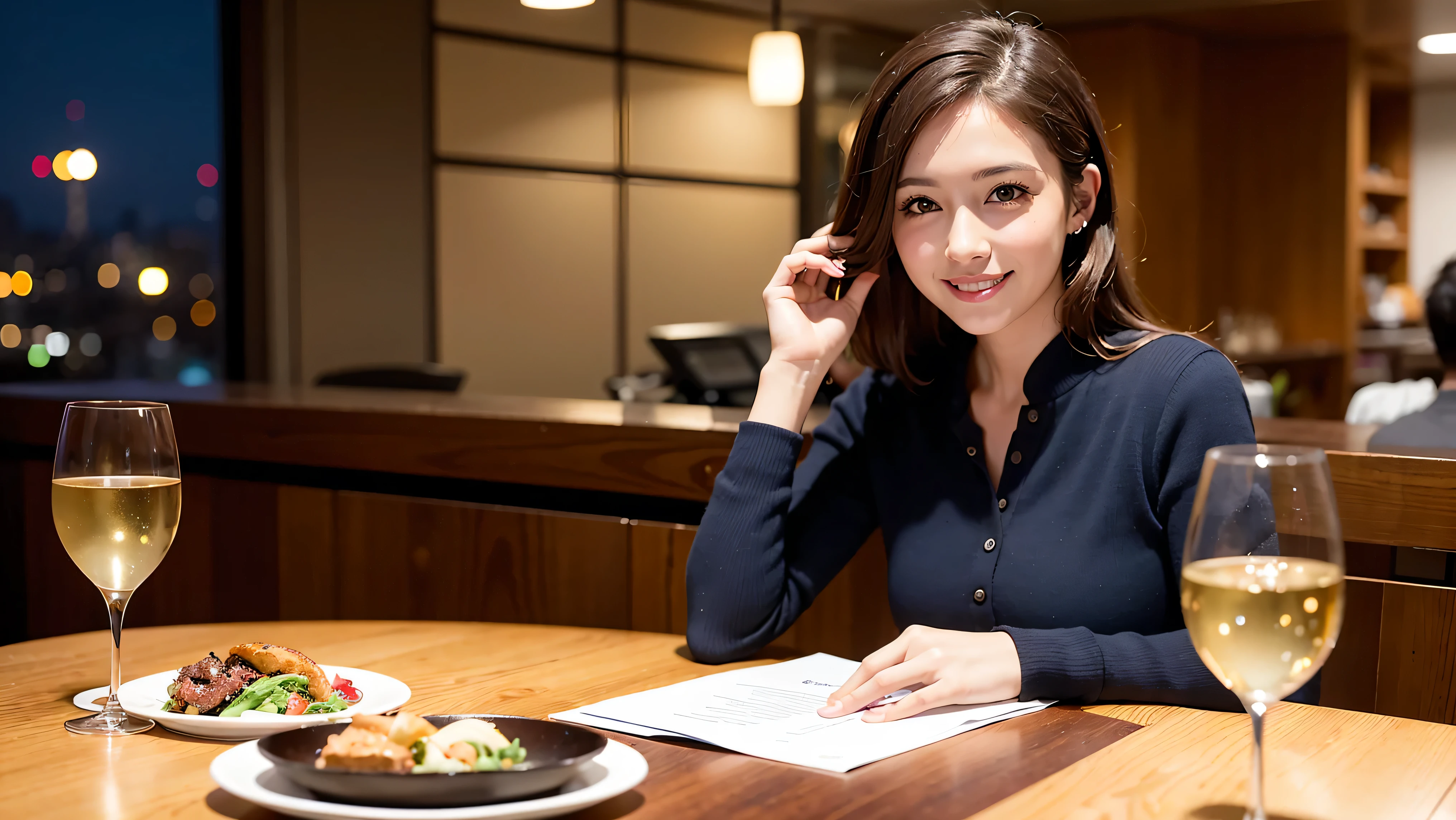 (including 64k, nffsw, highest quality, table top: 1.2), (realistic, photorealistic: 1.37), long sleeve shirt、winter fashion、Columbia、Brazilian、Japanese、Dutch、German、Portuguese、Belgian、Italian、French,Champagne、sparkling wine、 (slimフェイス), (slimボティ), (brown hair), (shortcut), neat beauty、cheeks turn a little red, (35 years old), 38 years old, alone, 窓の外には美しく緻密なnight景が広がります., restaurant, wine glassが座っている, nightに, in a prominent place (from the Upper body) nova frog style, actress, model, Upper body, White wine, slim, wine glass, Super Clean night View, wine glass Put in the Middle, Happy smile, (smile: 1.15), beautiful and detailed eyes, Upper body, bust japan up, night, short, short, actress, model, Upper body, White wine, slim, wine glass, Super Clean night View, wine glass Put in the Middle, Happy smile,
