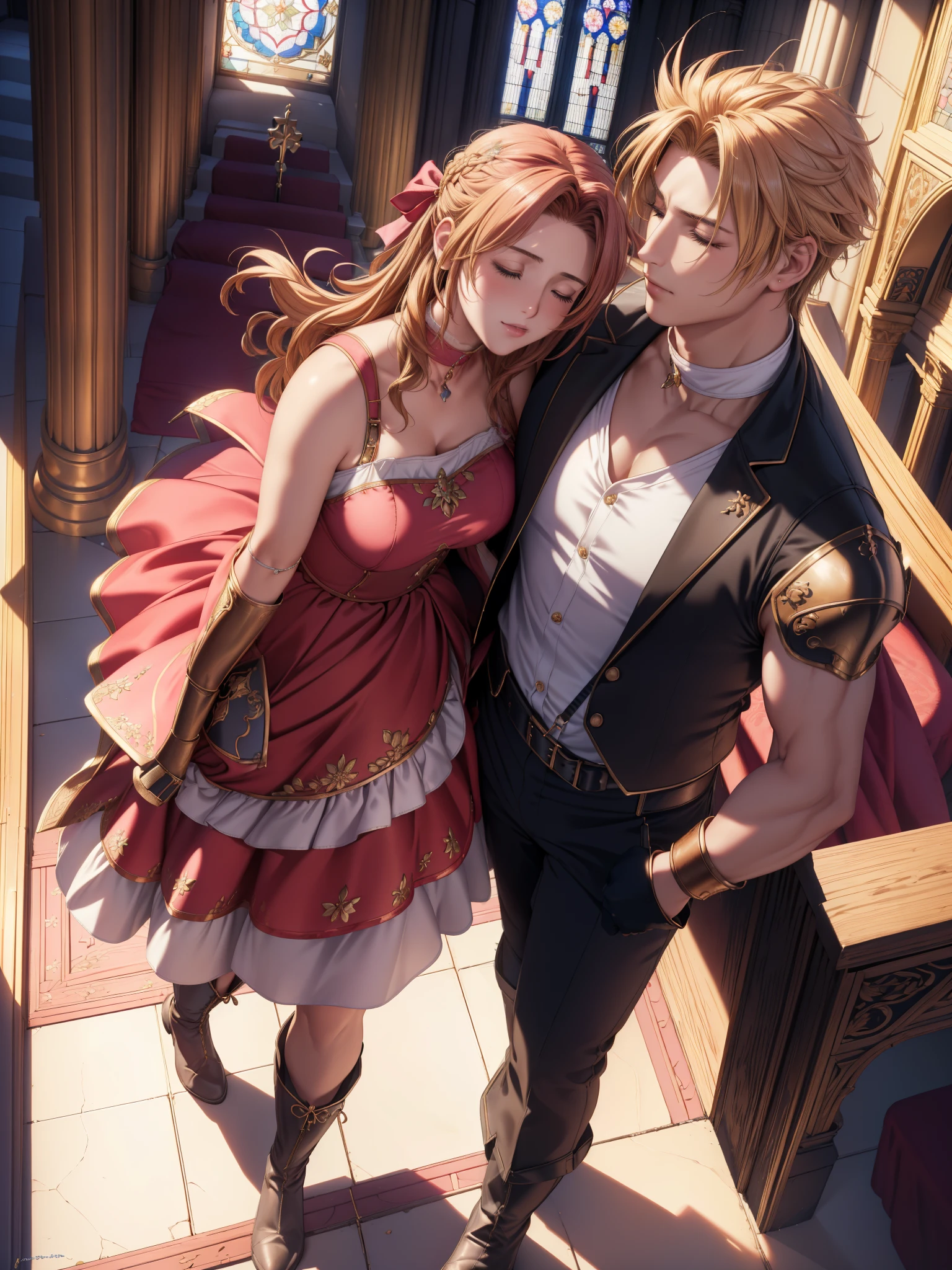 (highest quality,4k,8k,High resolution,masterpiece:1.2),super detailed,(realistic,photorealistic,photo-realistic:1.37),((1.woman, 1.man)), ((aerith gainsbourg copper hair:1.1, choker, red cropped jacket, hair ribbon, bracelet, pink dress)), ((女性 Inside the church, Quiet sleeping position on your back, wear a costume decorated with flowers)), ((princess carry:1.2)), Like a woman being held like a princess by a man., ((cloud strife blonde hair:1.2, shoulder armor, sleeveless turtleneck, suspenders, belt, baggy pants, gloves, braces, boots, standing looking at a woman)), ((Man holding a woman)), In the funeral scene for a deceased woman、Inside the church, Inside the chapel, stained glass window, The composition is bathed in light from the ceiling., A composition that looks at the two from above