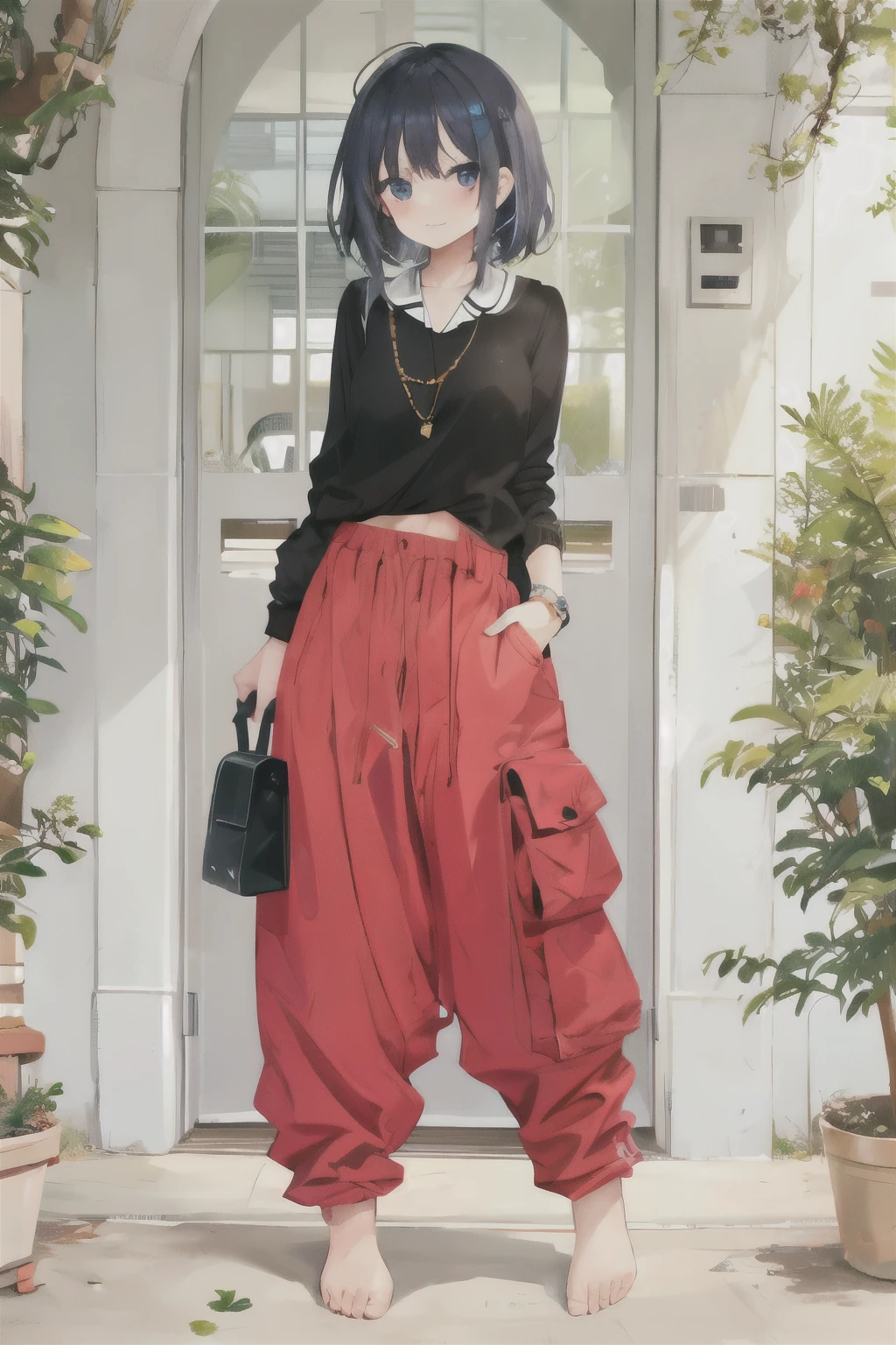 Girl with a collar, baggy pants, barefoot, Lock