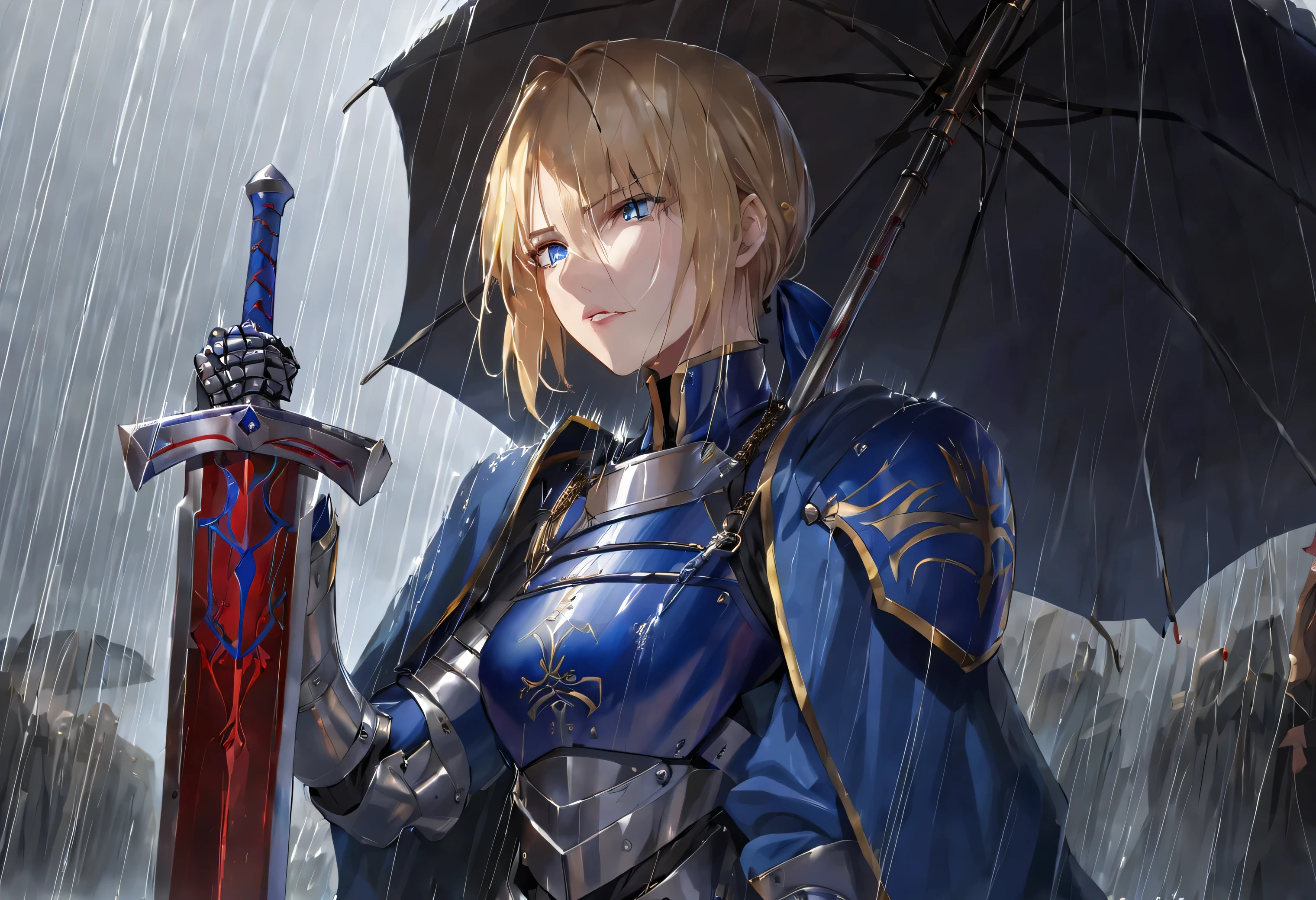 1girl, solo, blue eyes, blonde hair, weapon, sword, armor, lips, blood, gauntlets, rain, blood on face, excalibur \(fate/stay night\), artoria pendragon \(fate\), saber,(masterpiece,best quality:1.2),ptn,official_art),ptn,official_art,