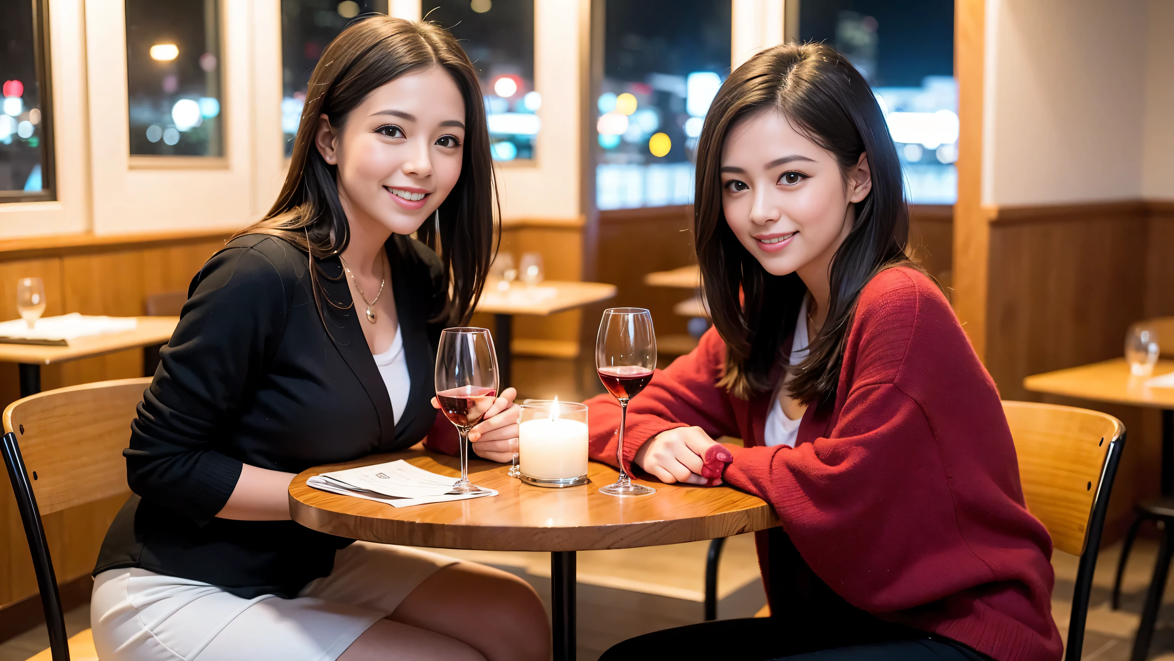 (including 64k, nffsw, highest quality, table top: 1.2), (realistic, photorealistic: 1.37), long sleeve shirt、winter fashion、Columbia、Brazilian、Japanese、Dutch、German、Portuguese、Belgian、Italian、French,Champagne、sparkling wine、 (slimフェイス), (slimボティ), (brown hair), (shortcut), neat beauty、cheeks turn a little red, (35 years old), 38 years old, alone, 窓の外には美しく緻密なnight景が広がります., restaurant, wine glassが座っている, nightに, in a prominent place (from the Upper body) nova frog style, actress, model, Upper body, White wine, slim, wine glass, Super Clean night View, wine glass Put in the Middle, Happy smile, (smile: 1.15), beautiful and detailed eyes, Upper body, bust japan up, night, short, short, actress, model, Upper body, White wine, slim, wine glass, Super Clean night View, wine glass Put in the Middle, Happy smile,