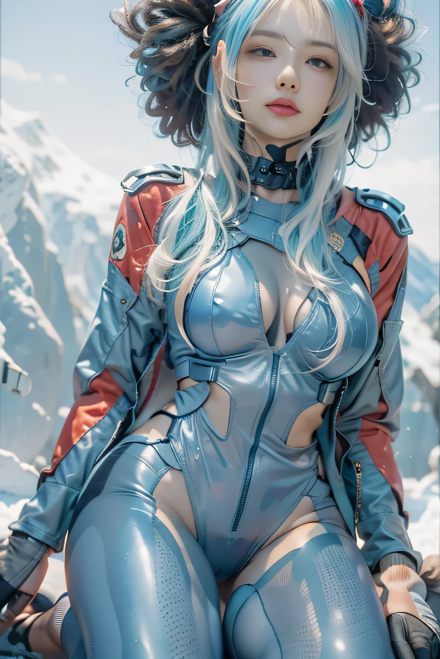(photorealistic:1.8, highest quality:1.8,8K masterpiece:1.8,High resolution,muste piece:1.8),One 23 year old woman,(metallic gloss red plug suit,high leg swimsuit,choker),beautiful thighs, face,details face,detailed lip,beautiful detailed blue eyes:1.7,double eyelid:1.6,long eyelashes,beautiful skin:1.8, (looking at the camera:1.5),(Photo seen from below:1.3),( midium hair:1.2,Beautiful shining blue lime hair:1.5), expression(Stoic:1.3,face turns red:1.3),Pause(Kneeling,Seductive pose:1.5),(Moderate chest:1.3),background(snowy mountain area:1.5),anatomically correct,normal hands:1.5,normal finger:1:5,normal feet:1.5,(cameltoe)