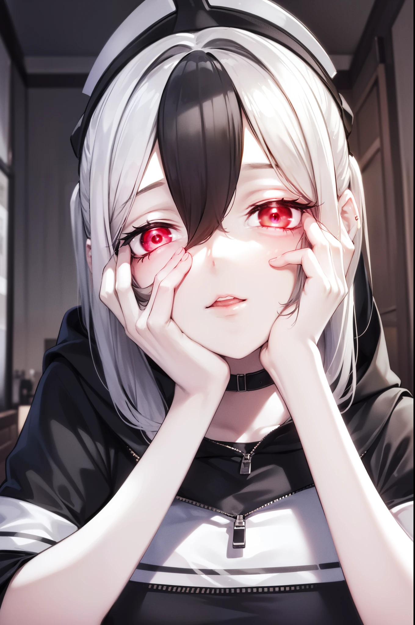 ((best quality)), ((highly detailed)), masterpiece, absurdres, (white hair with black bang),(detailed eyes, deep red eyes), (1girl), yandere trance, yandere, hands on own face, hands on own cheeks, shaded face, ((glowing eyes)), (upper body), hexmaniacms, ((@.@)), bags under eyes, ahoge, headband, black hair, pale skin, big breasts, , black clothes, (at a cafe, coffee, noon),
BREAK black hoodie, choker, hood, hoodie, pleated skirt, skirt, red skirt,
BREAK (masterpiece:1.2), best quality, high resolution, unity 8k wallpaper, (illustration:0.8), (beautiful detailed eyes:1.6), extremely detailed face, perfect lighting, extremely detailed CG, (perfect hands, perfect anatomy),
