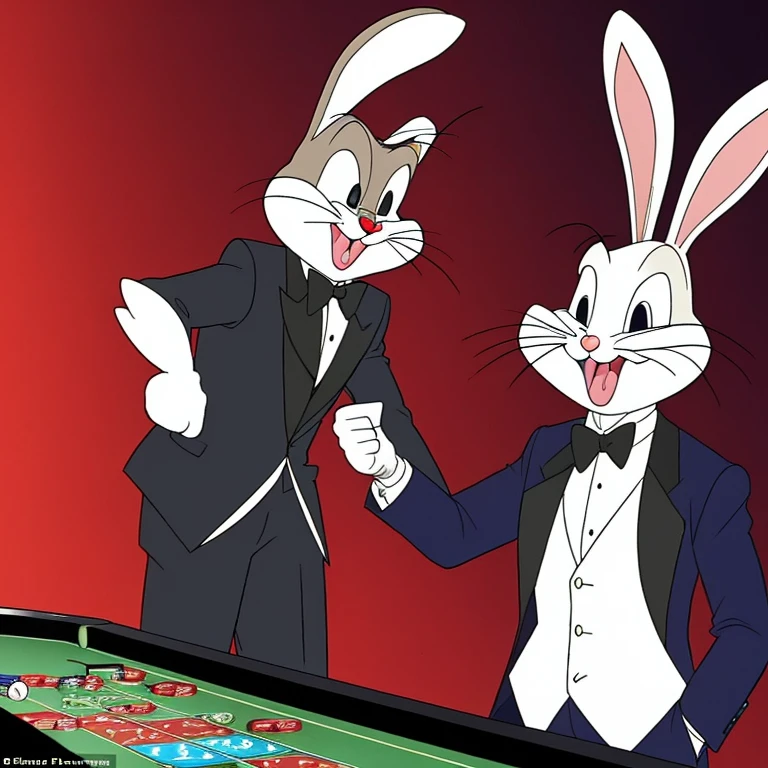 (Bugs Bunny is a James Bond themed secret agent in a Hi Class tuxedo with many spy gadgets), he is at a high stakes Roulette table, comedy, slapstick comedy