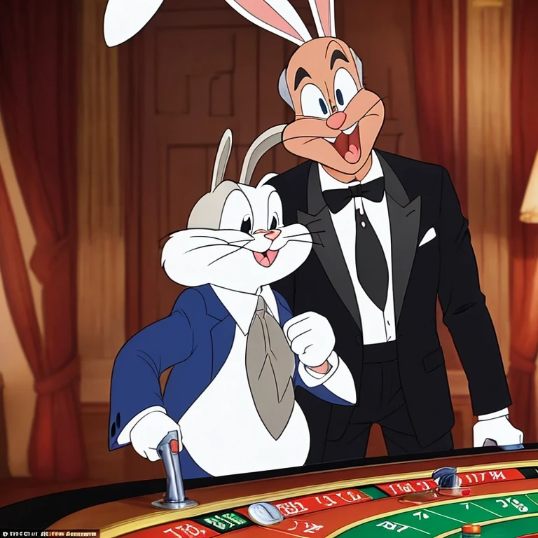 (Bugs Bunny is a James Bond themed secret agent in a Hi Class tuxedo with many spy gadgets), he is at a high stakes Roulette table, comedy, slapstick comedy