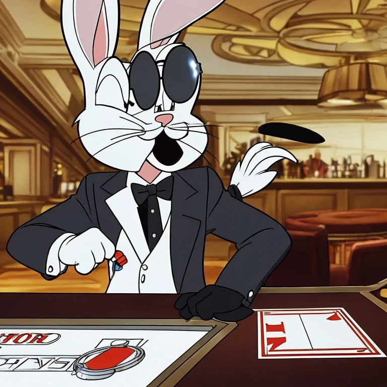 a sexy female rabbit casino dealer in a navy blue suit, crowd, furry, intricate details, high quality, photorealistic, 8k, masterpiece, cinematic lighting, dramatic colors, fantasy