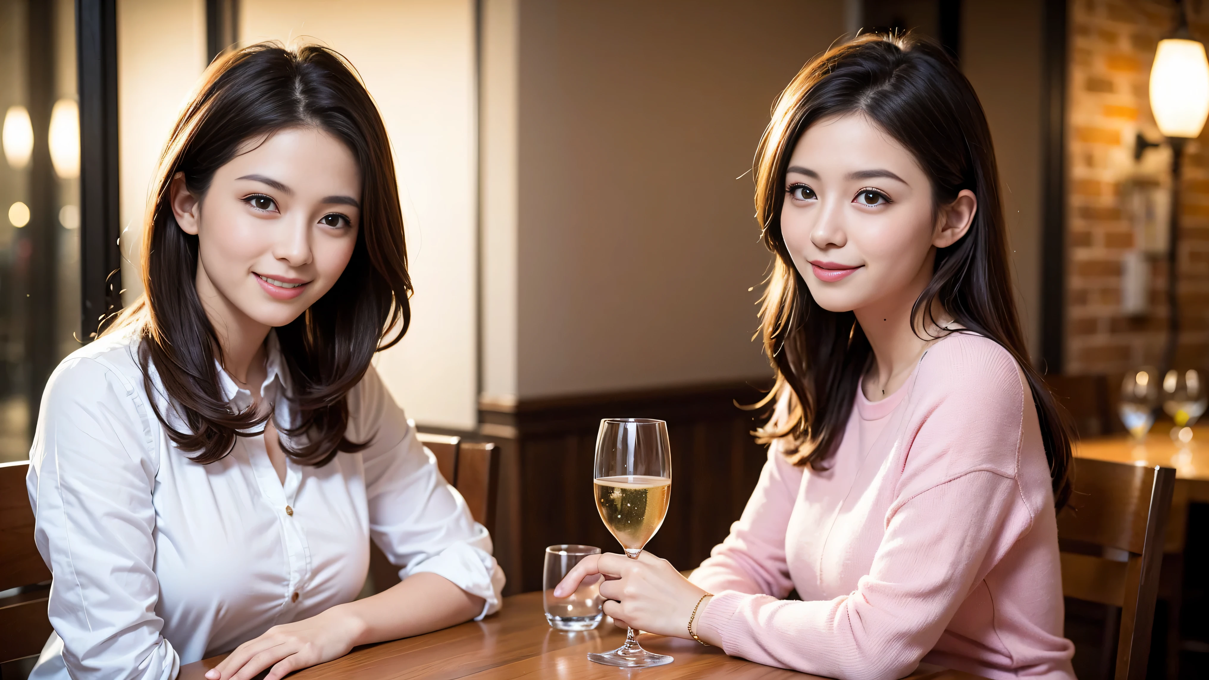 64k, Hmm, highest quality, masterpiece: 1.2), (realistic, photorealistic: 1.37), Super detailed, slimな美女3名, (slimフェイス),Happy、 最高なsmile、Fox face、Berry Short、(because I'thin), (brown hair), (shortcut), long sleeve shirt、winter fashion、Colombian、Brazilian、Japanese、Dutch、German、Portuguese、Belgian、Italian、French,Champagne、sparkling wine、 (gush out), (slimボティ), (brown hair), (shortcut), neat beauty、cheeks turn a little red, (35 years old), 38 years old, alone, A beautiful and detailed night view spreads out outside the window...., restaurant, wine glassが座っている, At night, in a prominent place (from the Upper body) nova frog style, actress, model, Upper body, White wine, slim, wine glass, Very beautiful night view, wine glass Put in the Middle, Happy smile, (smile: 1.15), 