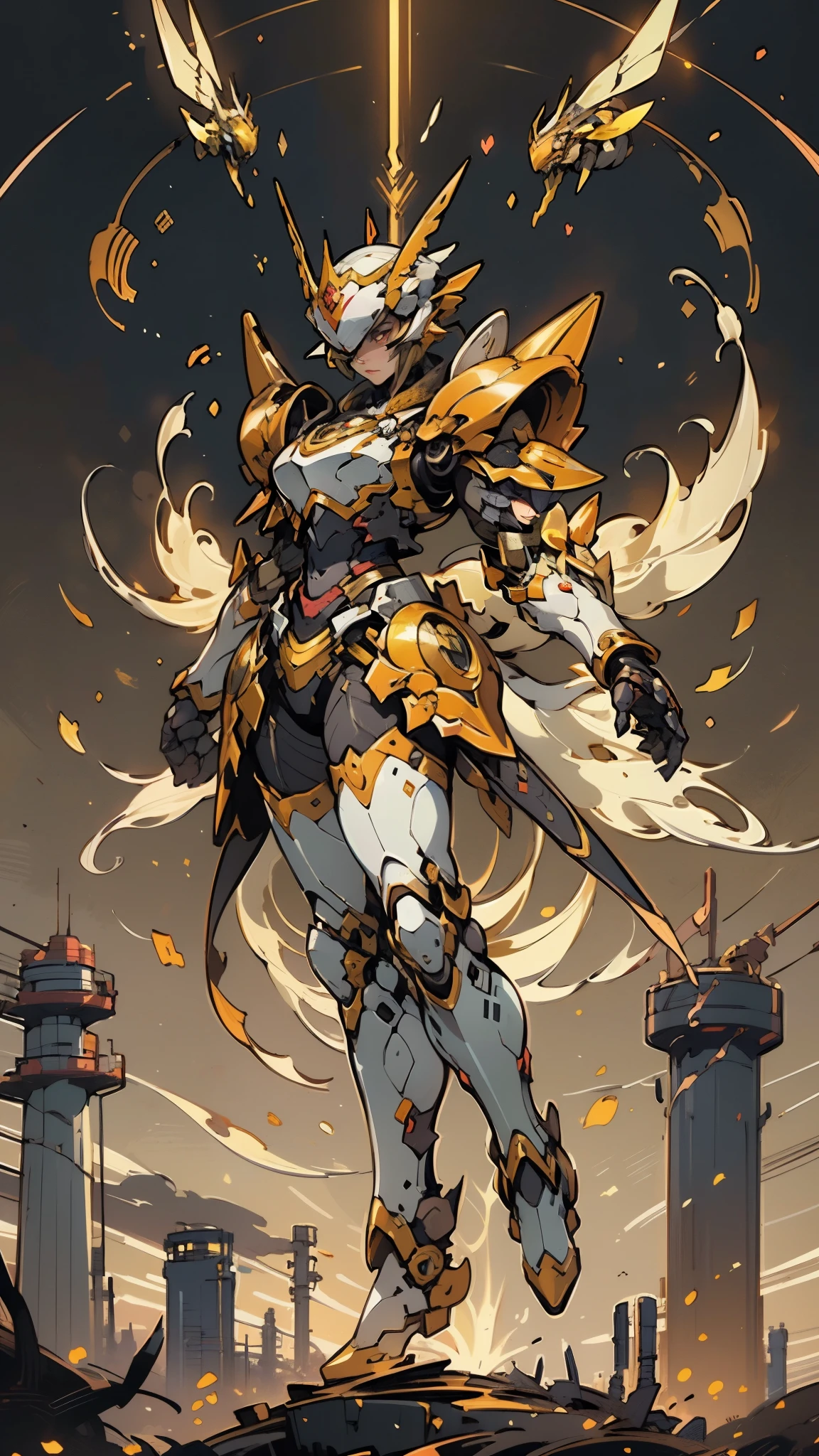 A woman adorned in fantasy-style full-body armor, a crown-concept fully enclosed helmet that unveils only her eyes, a composite layered chest plate, fully encompassing shoulder and hand guards, a lightweight waist armor, form-fitting shin guards, the overall design is heavy-duty yet flexible, ((the armor gleams with a golden glow, complemented by red and blue accents)), exhibiting a noble aura, she floats above a fantasy-surreal high-tech city, this character embodies a finely crafted fantasy-surreal style armored hero in anime style, exquisite and mature manga art style, (Queen bee mixed with Spider concept Armor, plasma, blood), ((Element, energy, elegant, goddess, femminine:1.5)), metallic, high definition, best quality, highres, ultra-detailed, ultra-fine painting, extremely delicate, professional, anatomically correct, symmetrical face, extremely detailed eyes and face, high quality eyes, creativity, RAW photo, UHD, 32k, Natural light, cinematic lighting, masterpiece-anatomy-perfect, masterpiece:1.5