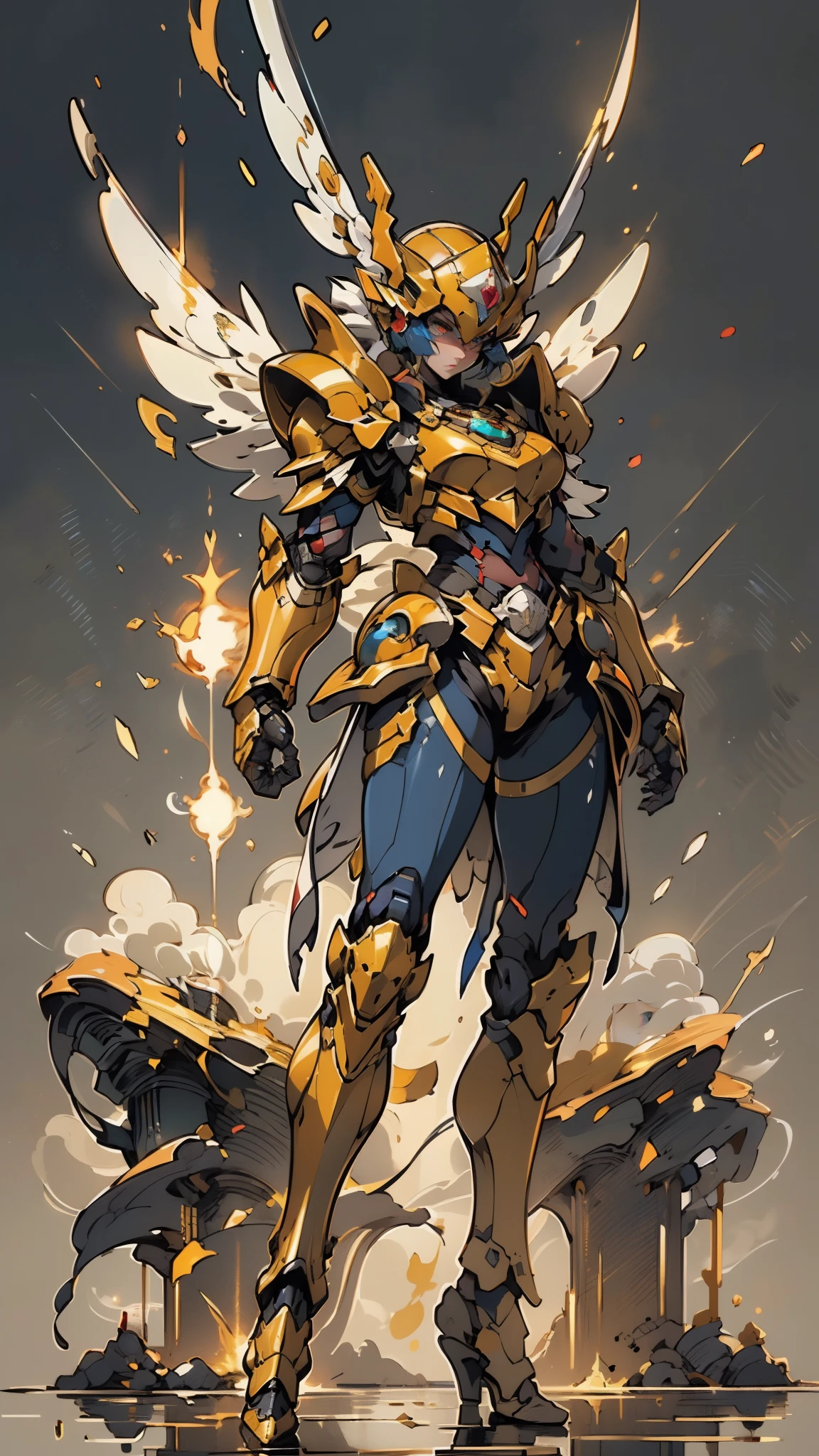 A woman adorned in fantasy-style full-body armor, a crown-concept fully enclosed helmet that unveils only her eyes, a composite layered chest plate, fully encompassing shoulder and hand guards, a lightweight waist armor, form-fitting shin guards, the overall design is heavy-duty yet flexible, ((the armor gleams with a golden glow, complemented by red and blue accents)), exhibiting a noble aura, she floats above a fantasy-surreal high-tech city, this character embodies a finely crafted fantasy-surreal style armored hero in anime style, exquisite and mature manga art style, (Queen bee mixed with Spider concept Armor, plasma, blood), ((Element, energy, elegant, goddess, femminine:1.5)), metallic, high definition, best quality, highres, ultra-detailed, ultra-fine painting, extremely delicate, professional, anatomically correct, symmetrical face, extremely detailed eyes and face, high quality eyes, creativity, RAW photo, UHD, 32k, Natural light, cinematic lighting, masterpiece-anatomy-perfect, masterpiece:1.5