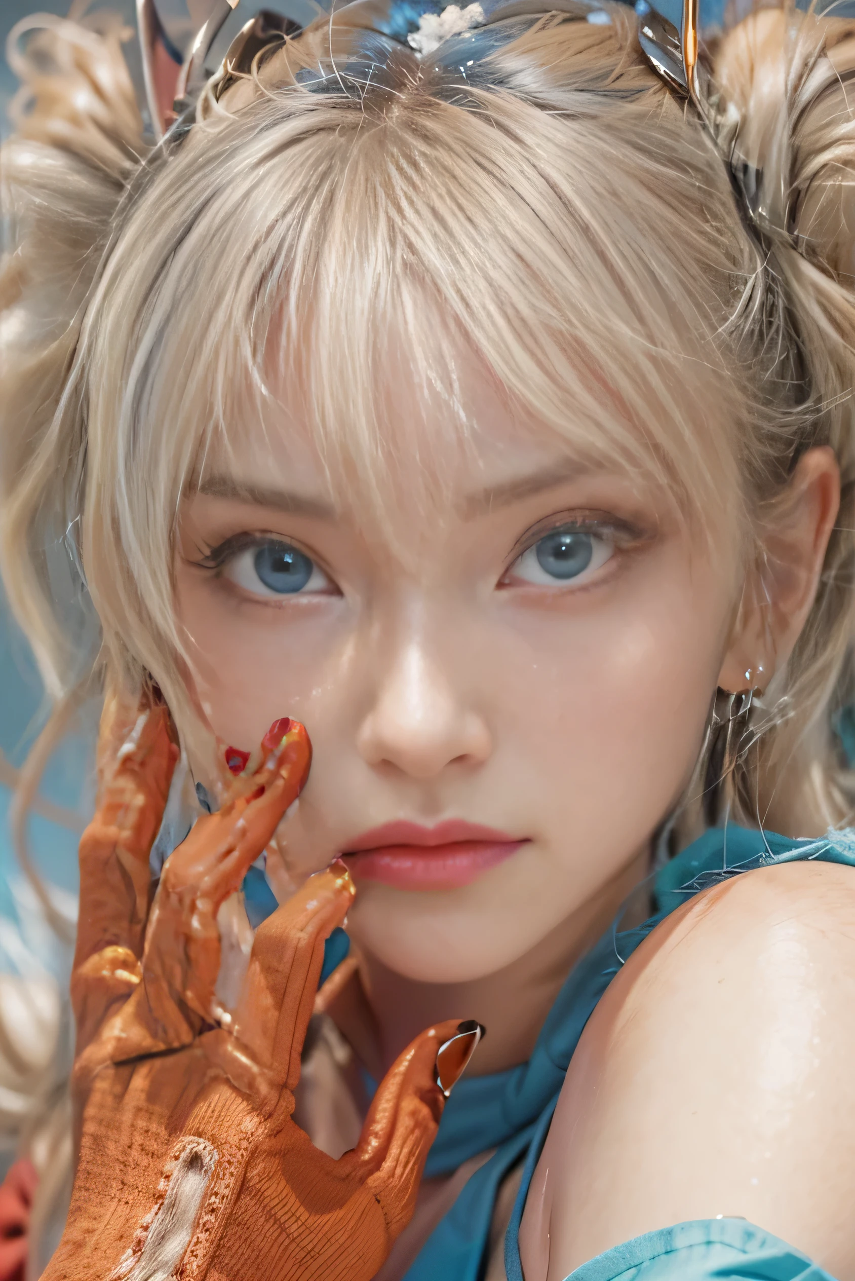 (photorealistic:1.8, highest quality:1.8,8K masterpiece:1.8,High resolution,muste piece:1.8),One 23 year old woman,(metallic gloss red plug suit,high leg swimsuit,choker),beautiful thighs, face,details face,detailed lip,beautiful detailed blue eyes:1.7,double eyelid:1.6,long eyelashes,beautiful skin:1.8, (looking at the camera:1.5),(Photo seen from below:1.3),( midium hair:1.2,twin tails,Beautiful shining blue blonde hair:1.5), expression(Stoic:1.3,face turns red:1.3),Pause(Kneeling,Seductive pose:1.5),(Moderate chest:1.3),background(snowy mountain area:1.5),anatomically correct,normal hands:1.5,normal finger:1:5,normal feet:1.5,(cameltoe)