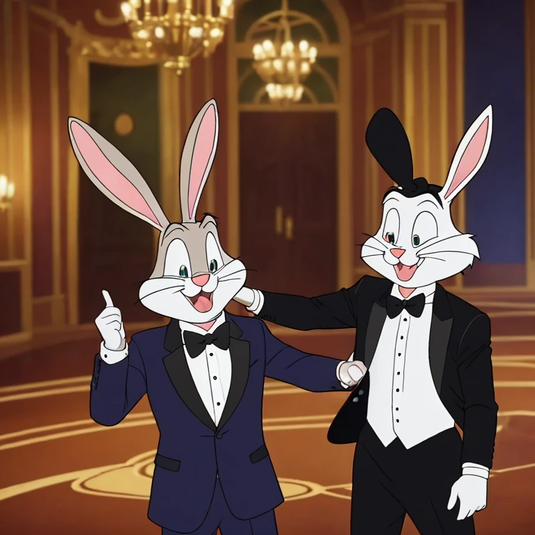 (Bugs Bunny,James Bond secret agent:1.1,Hi Class tuxedo:1.3,spy gadgets),high stakes Roulette table,comedy,slapstick comedy,(best quality,4k,8k,highres,masterpiece:1.2),ultra-detailed,(realistic,photorealistic,photo-realistic:1.37),portraits,vivid colors,studio lighting,physically-based rendering,extreme detail description,long ears,hilarious expression,classy bow tie,sparkling cufflinks,cunning smile,roulette wheel spinning,excited crowd,confetti flying,bunny ears disguised as spy equipment,jaw-dropping spy gadgets,action-packed scene,explosive pranks,hidden smoke bombs,light-hearted atmosphere,unexpected surprises,juggling with roulette balls,jazz music playing in the background,brilliantly executed comedic timing,fast-paced energy,witty wordplay,quizzical expressions,humorous banter between characters,rabbit-themed spy gadgets,007-inspired dance moves,irresistible charm,unpredictable twists and turns,graceful movement,flamboyant gestures,pixel-perfect clarity.