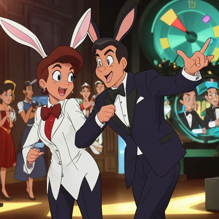 (Bugs Bunny,James Bond secret agent:1.1,Hi Class tuxedo:1.3,spy gadgets),high stakes Roulette table,comedy,slapstick comedy,(best quality,4k,8k,highres,masterpiece:1.2),ultra-detailed,(realistic,photorealistic,photo-realistic:1.37),portraits,vivid colors,studio lighting,physically-based rendering,extreme detail description,long ears,hilarious expression,classy bow tie,sparkling cufflinks,cunning smile,roulette wheel spinning,excited crowd,confetti flying,bunny ears disguised as spy equipment,jaw-dropping spy gadgets,action-packed scene,explosive pranks,hidden smoke bombs,light-hearted atmosphere,unexpected surprises,juggling with roulette balls,jazz music playing in the background,brilliantly executed comedic timing,fast-paced energy,witty wordplay,quizzical expressions,humorous banter between characters,rabbit-themed spy gadgets,007-inspired dance moves,irresistible charm,unpredictable twists and turns,graceful movement,flamboyant gestures,pixel-perfect clarity.