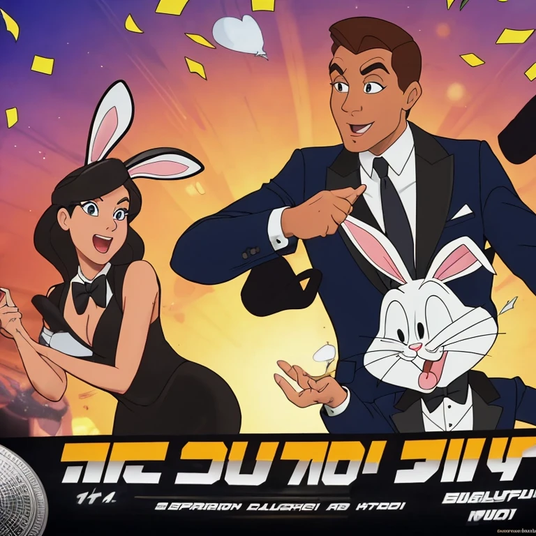 (Bugs Bunny,James Bond secret agent:1.1,Hi Class tuxedo:1.3,spy gadgets),high stakes Roulette table,comedy,slapstick comedy,(best quality,4k,8k,highres,masterpiece:1.2),ultra-detailed,(realistic,photorealistic,photo-realistic:1.37),portraits,vivid colors,studio lighting,physically-based rendering,extreme detail description,long ears,hilarious expression,classy bow tie,sparkling cufflinks,cunning smile,roulette wheel spinning,excited crowd,confetti flying,bunny ears disguised as spy equipment,jaw-dropping spy gadgets,action-packed scene,explosive pranks,hidden smoke bombs,light-hearted atmosphere,unexpected surprises,juggling with roulette balls,jazz music playing in the background,brilliantly executed comedic timing,fast-paced energy,witty wordplay,quizzical expressions,humorous banter between characters,rabbit-themed spy gadgets,007-inspired dance moves,irresistible charm,unpredictable twists and turns,graceful movement,flamboyant gestures,pixel-perfect clarity.